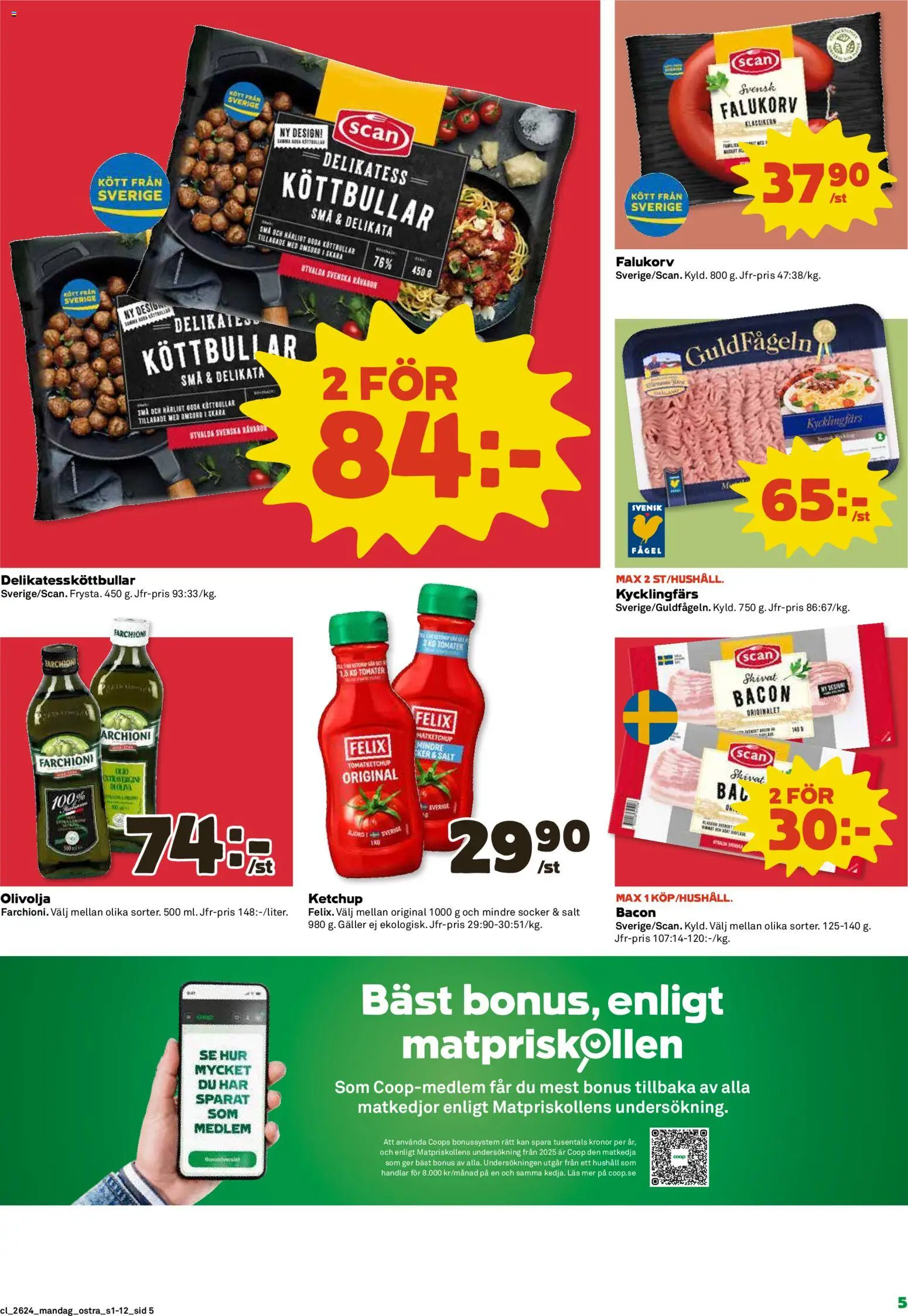 Coop Daglivs reklamblad aktuell från 08.06.2026 | Sida: 5 | Produkter: Bacon, Falukorv, Tomater, Ketchup