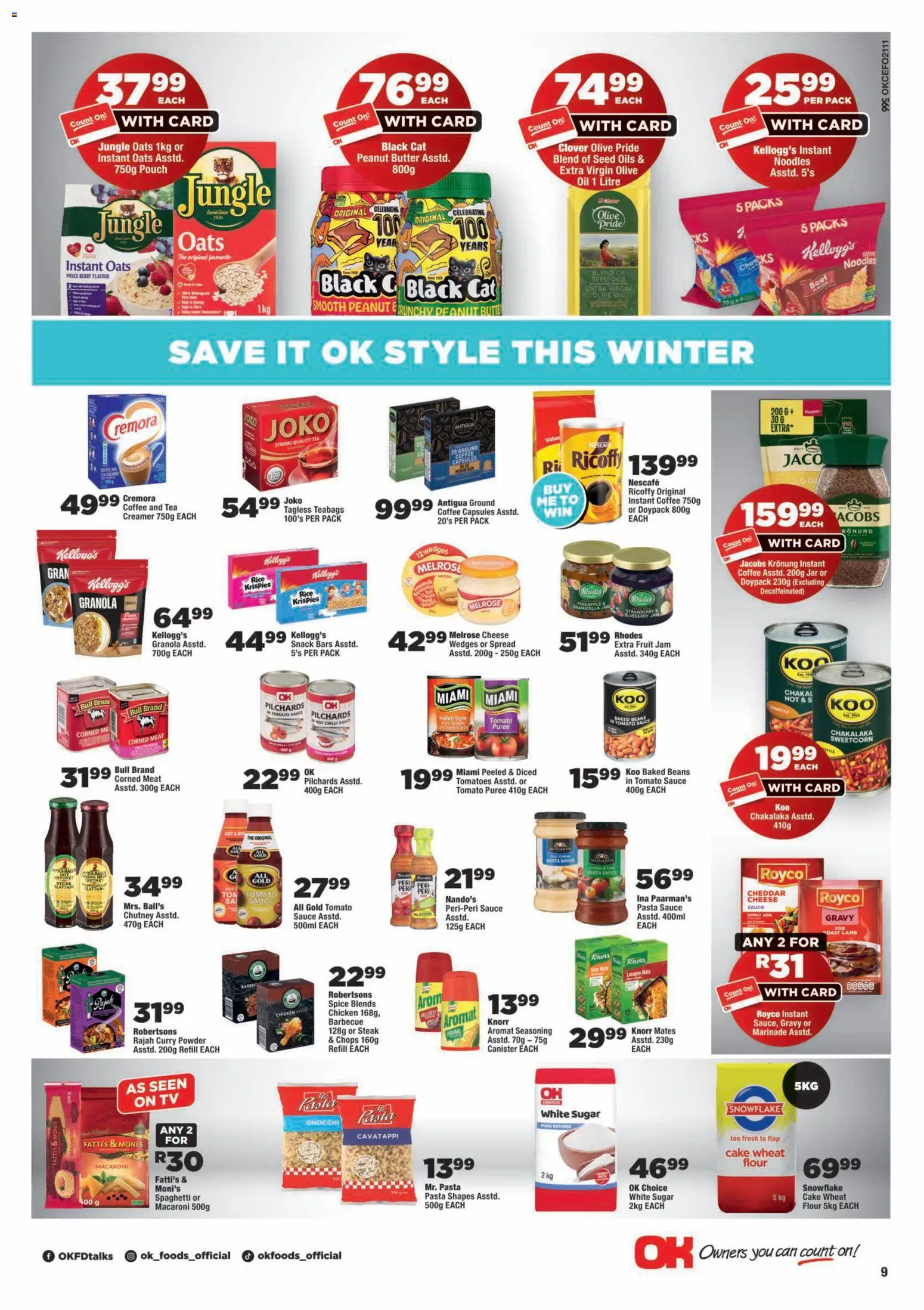 New OK Foods catalogue – valid from 24/07/2026 | Page: 9 | Products: Baked beans, Powder, Peanut butter, Marinade