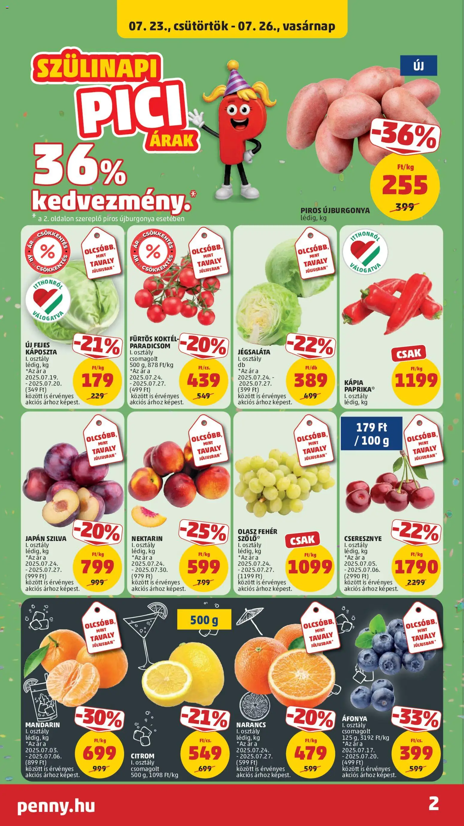 PENNY akciós ujság - amely érvényes a következő dátumtól: 2026.07.23. | Oldal: 2 | Termékek: Jégsaláta, Fejes káposzta, Szilva, Narancs