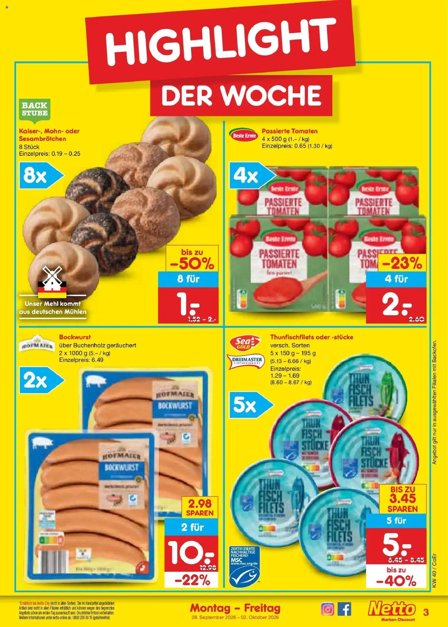 Netto Marken-Discount Prospekt Leipzig – gültig ab 28.09.2026 | Seite: 3 | Produkte: Bockwurst, Mehl, Tomaten, Fisch