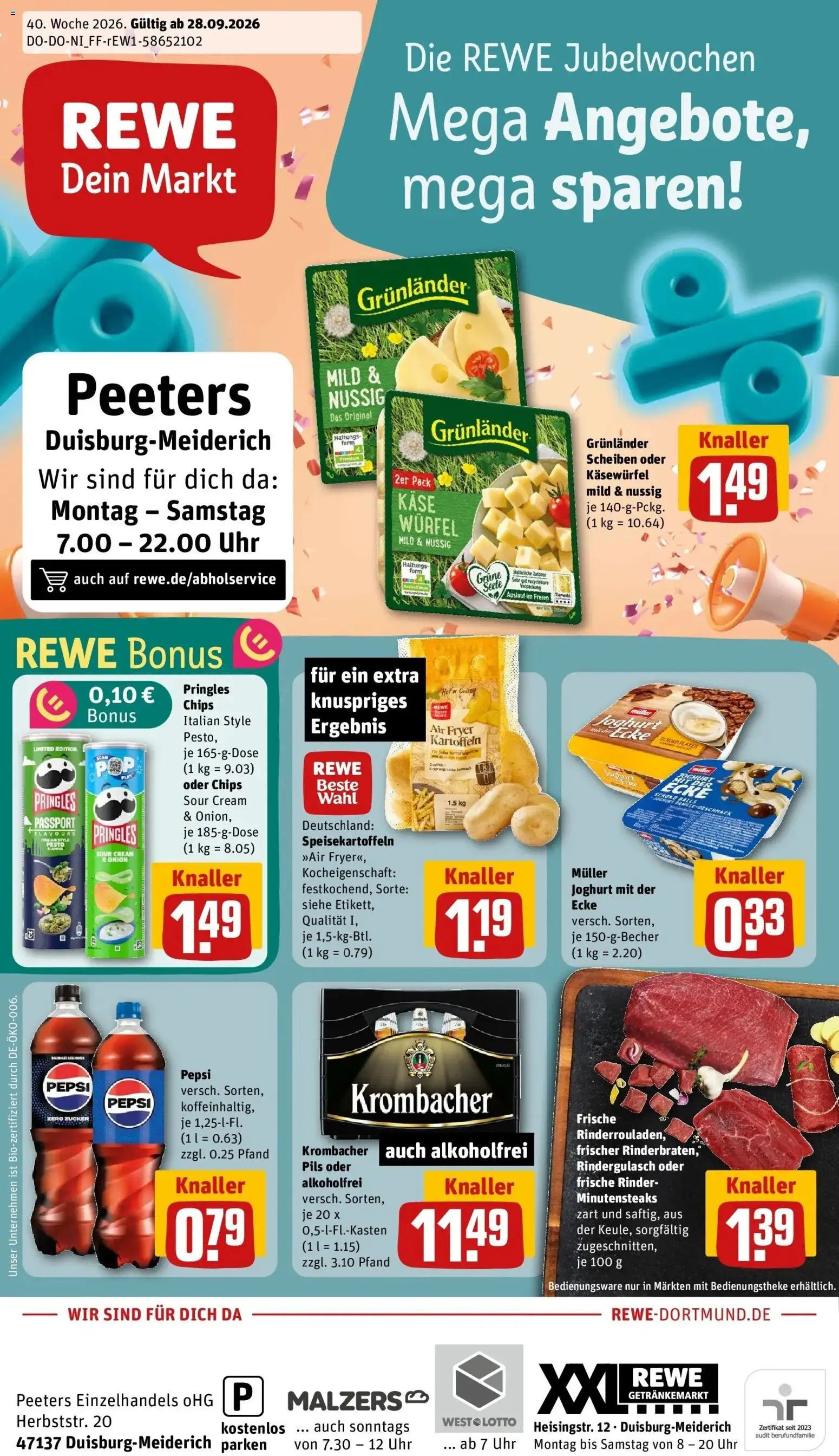 REWE Prospekt ab 28.09.2026 zum Blättern » Angebote | Seite: 1 | Produkte: Kartoffeln, Pepsi, Pringles, Uhr