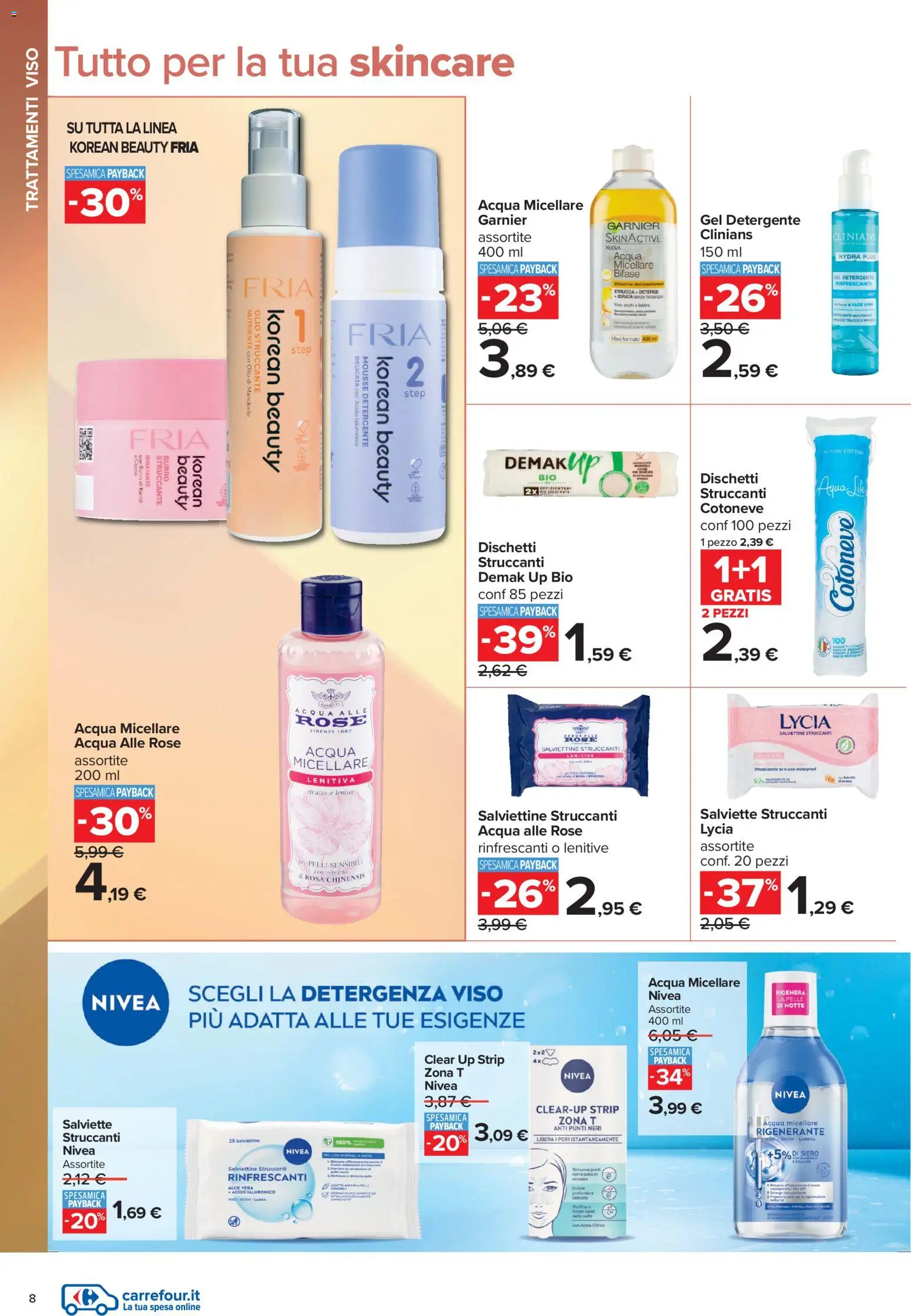 Volantino Carrefour del 10/07/2026 | Pagina: 8 | Prodotti: Acqua micellare, Salviette struccanti, Mandorle, Trucco