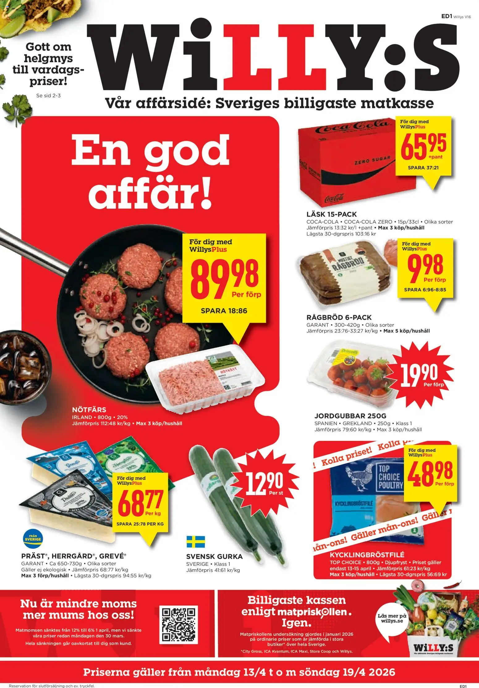 Willys reklamblad aktuell från 13.04.2026 | Sida: 1 | Produkter: Nötfärs, Galler, Jordgubbar, Gurka