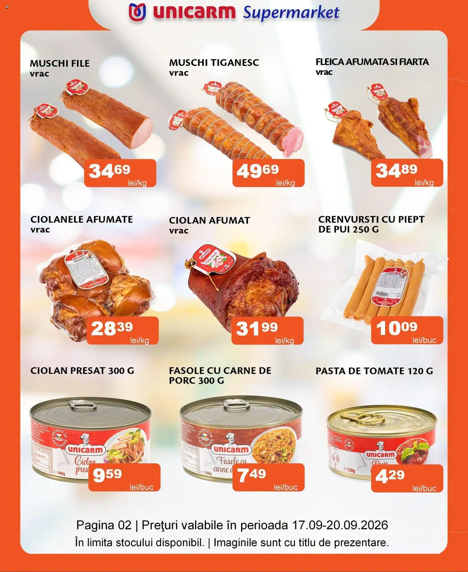 Noul catalog Unicarm – valabil de la 17.09.2026 | Pagină: 2 | Produse: Muschi tiganesc, Crenvurști, Mușchi, Pastă de tomate