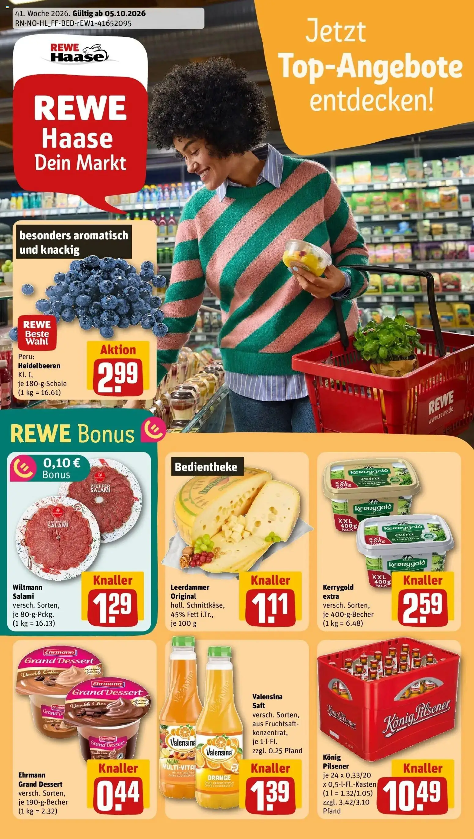 REWE Prospekt ab 05.10.2026 zum Blättern » Angebote | Seite: 1 | Produkte: Valensina, Salami, Saft, Fruchtsaft