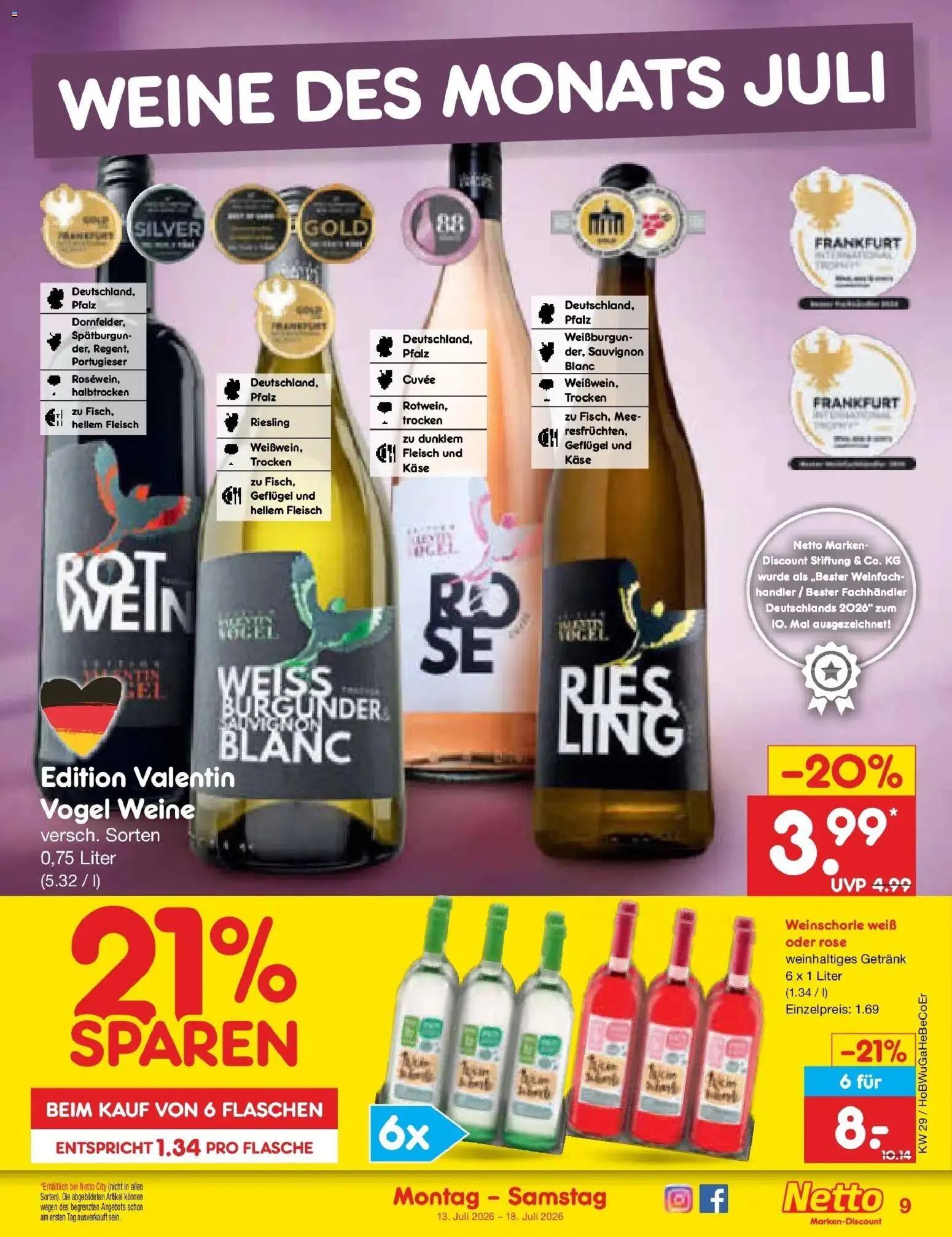 Netto Marken-Discount Prospekt Bielefeld – gültig ab 13.07.2026 | Seite: 9 | Produkte: Käse, Weinschorle, Fleisch