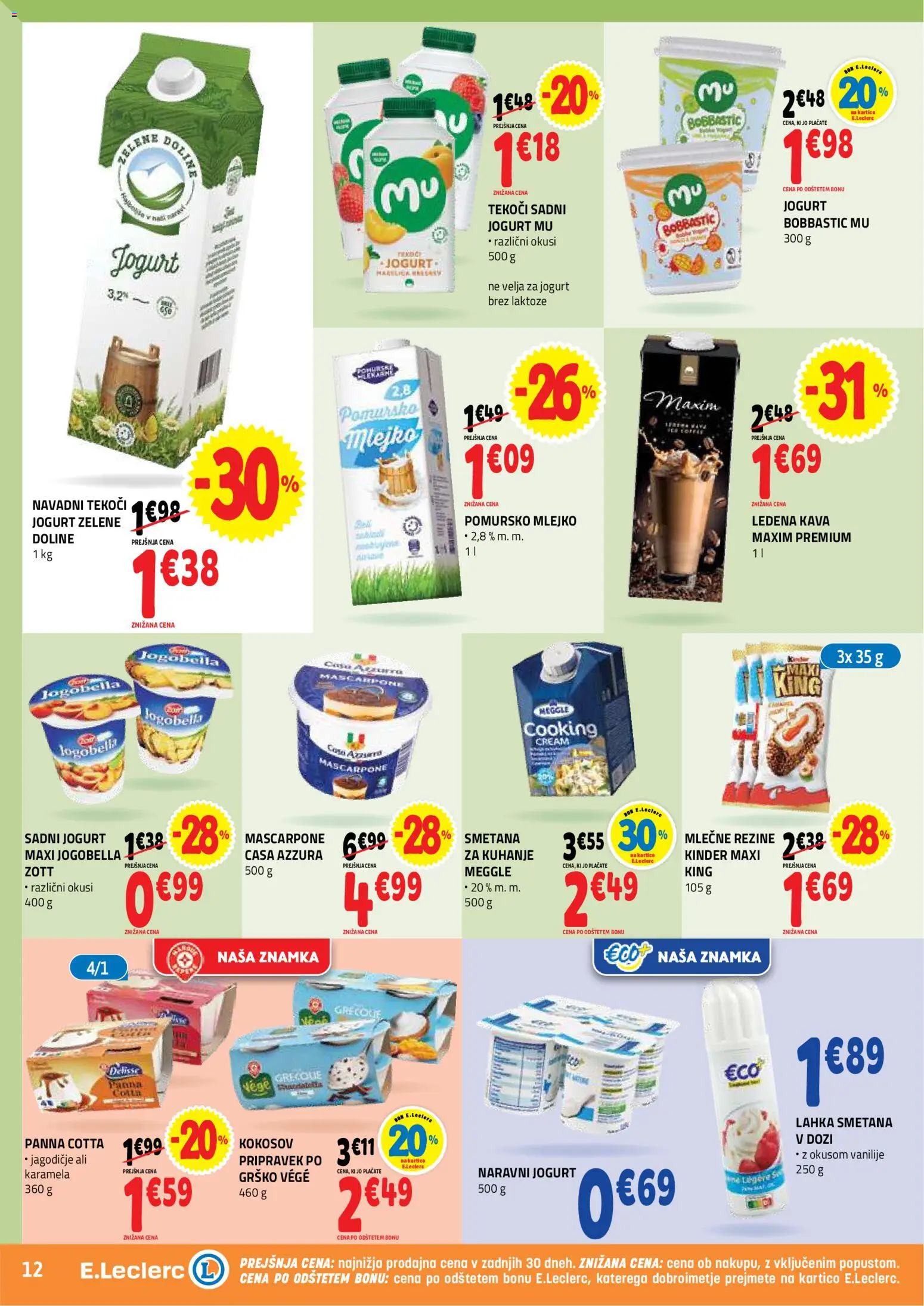 Novi E.leclerc katalog ponudbe – veljaven od 29.07.2026 | Stran: 12 | Izdelki: Jogurt, Kava, Smetana