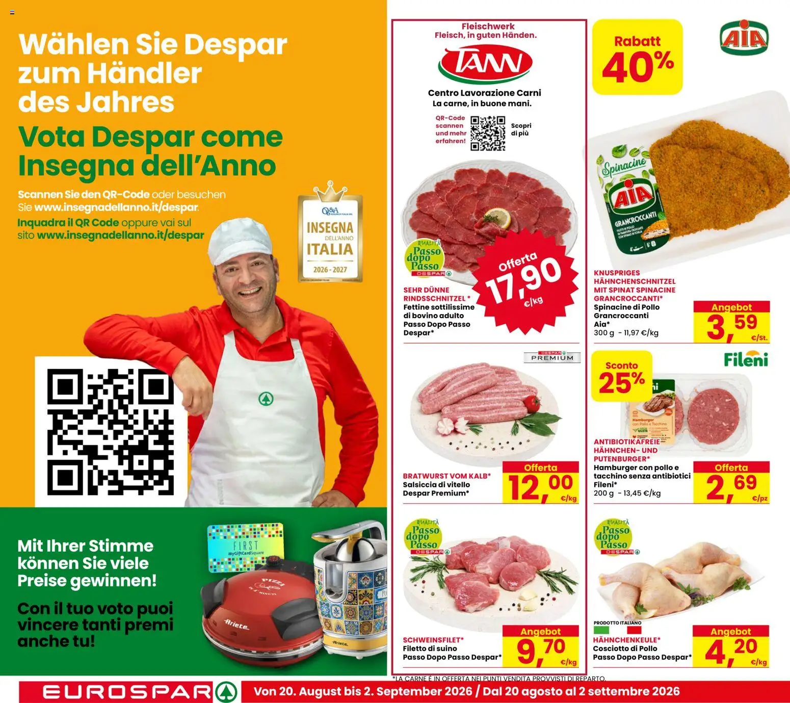 Volantino Eurospar del 17/08/2026 | Pagina: 2 | Prodotti: Filetto, Tacchino, Salsiccia, Carne