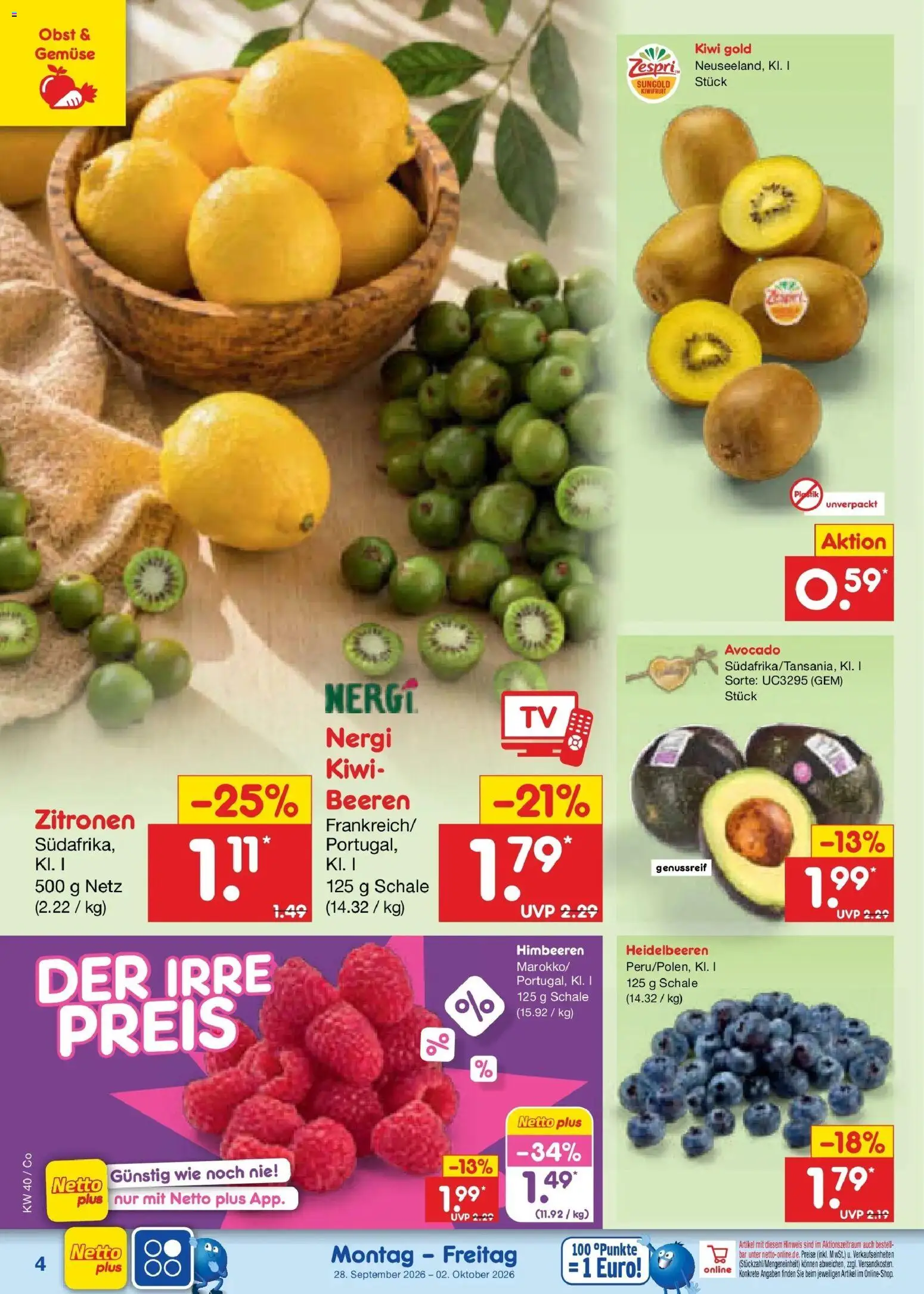 Netto Marken-Discount Prospekt Leipzig – gültig ab 28.09.2026 | Seite: 4 | Produkte: Heidelbeeren, Avocado, Gemüse, Obst