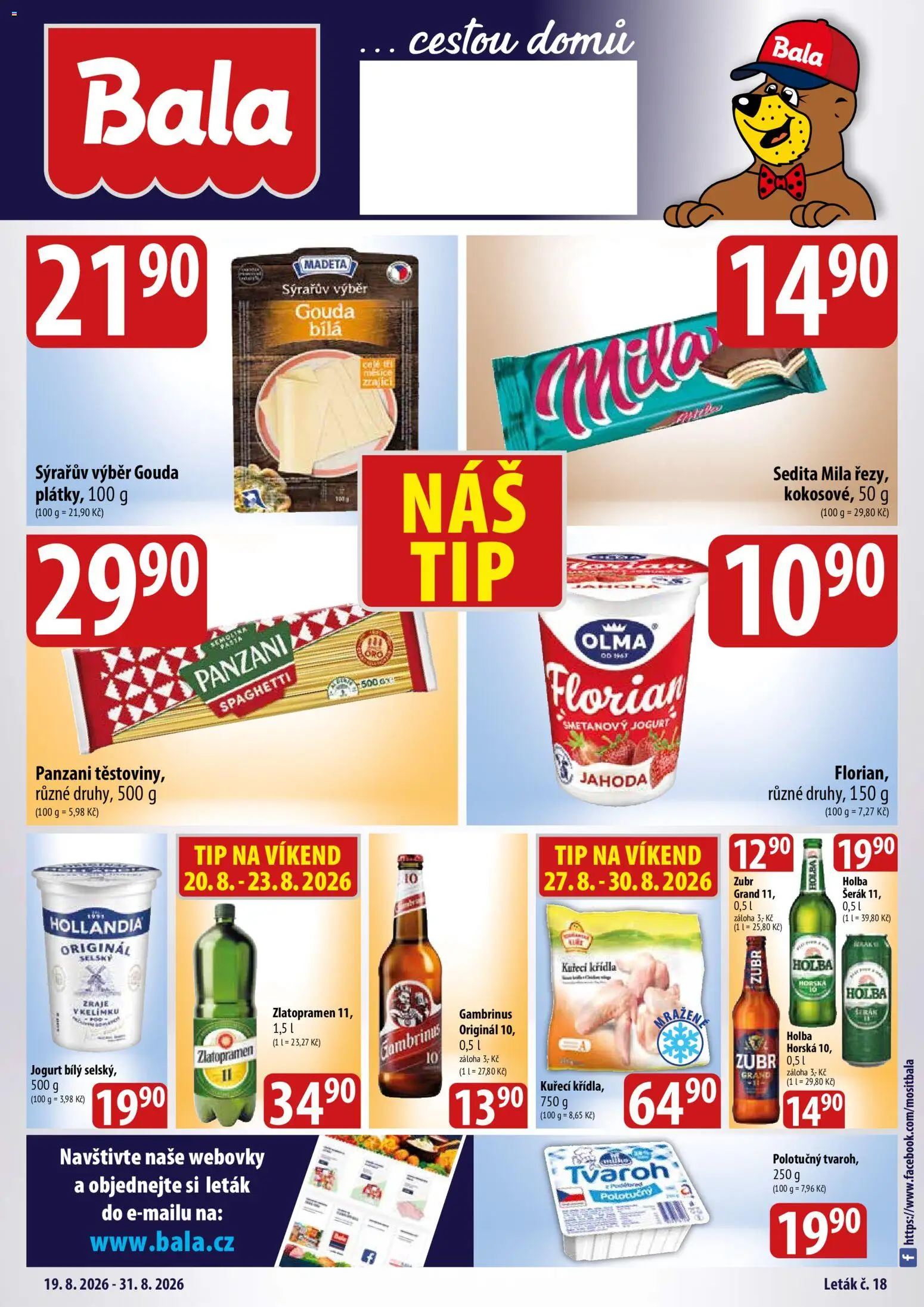 BALA velký leták Holba + od 19.08.2026 | Strana: 1 | Produkty: Zlatopramen, Jogurt, Kuřecí Křídla, Gambrinus