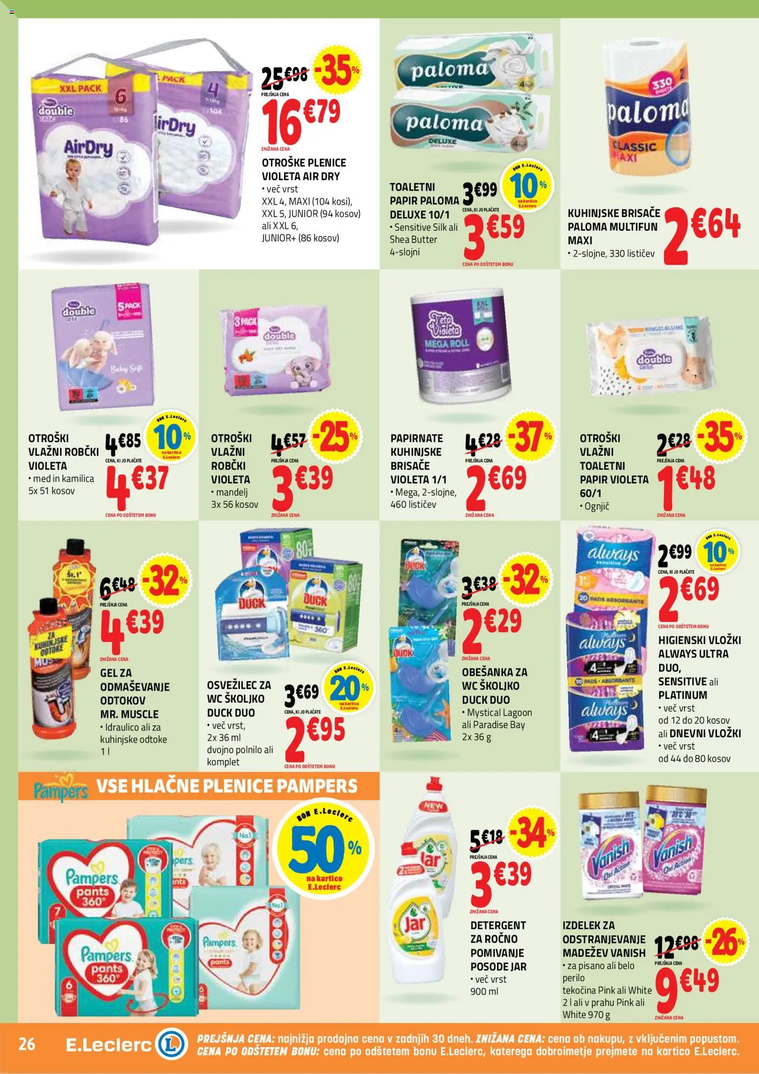 Novi E.leclerc katalog ponudbe – veljaven od 08.07.2026 | Stran: 26 | Izdelki: Higienski vložki, Plenice, Robčki, Detergent