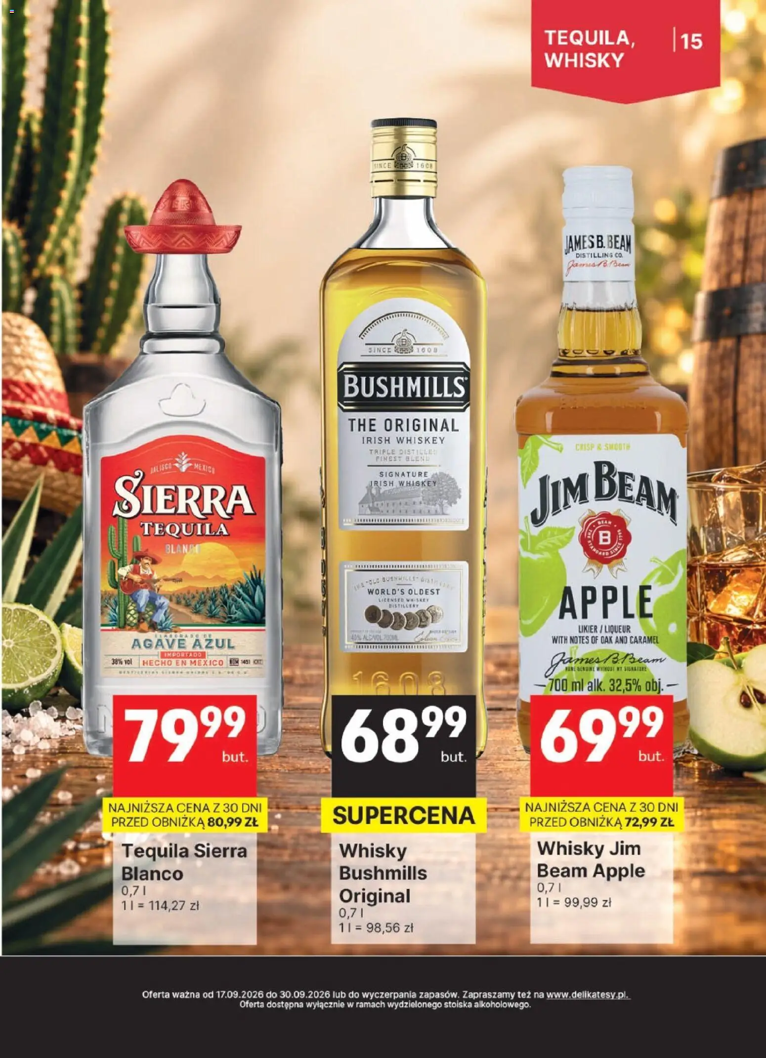 Delikatesy Centrum gazetka - DeliBarek od 17.09.2026 | Strona: 15 | Produkty: Tequila Sierra, Irish whiskey, Tequila, Whisky