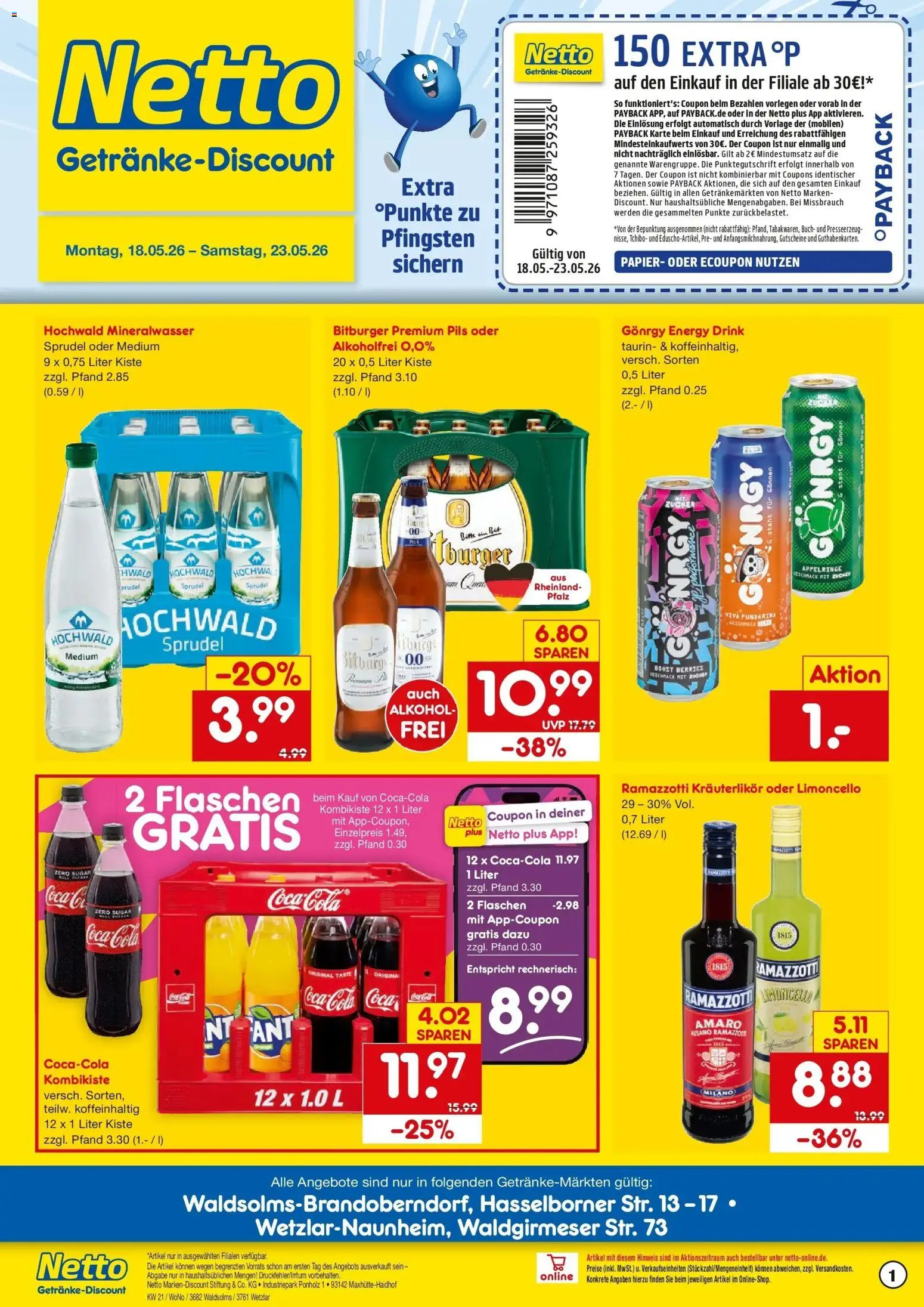 Netto Marken-Discount Prospekt Wetzlar-Naunheim – gültig ab 17.05.2026 | Seite: 1 | Produkte: Bitburger, Coca cola, Mineralwasser, Limoncello