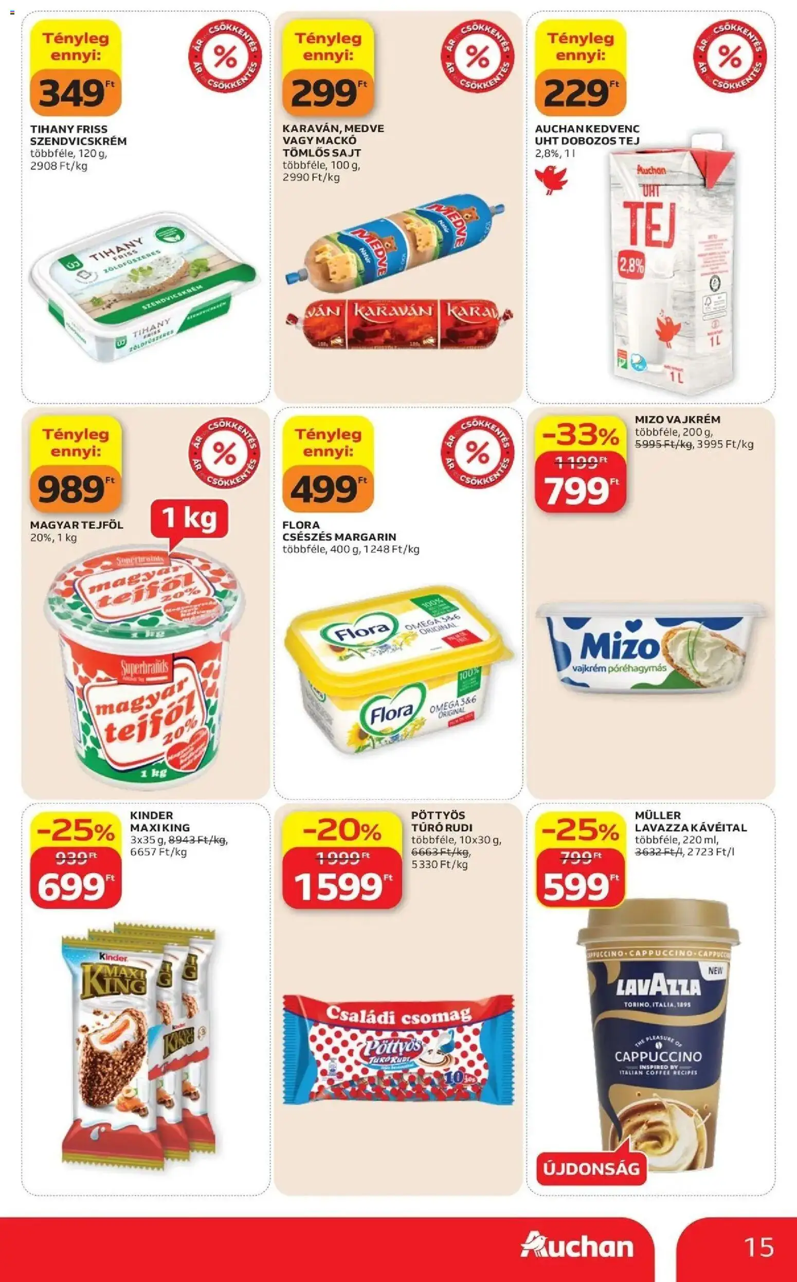 Auchan akciós újság Szolnok - 2026.09.03. -tól/töl > akció, lapozható szórólap 🛍️ | Oldal: 15 | Termékek: Müller, Túró rudi, Pöttyös, Tihany