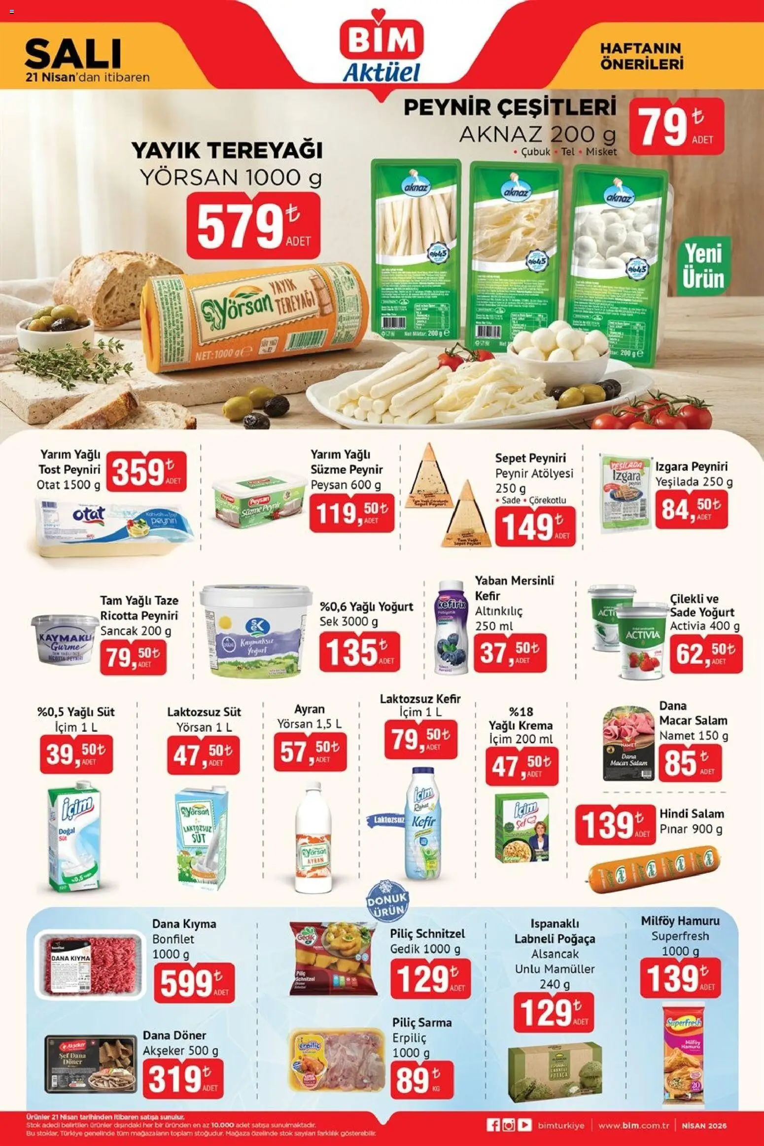 BİM Katalog - 21.04.2026 tarihinden itibaren geçerlidir | Sayfa: 4 | Ürünler: Sade yoğurt, Tereyağı, Peynir, Krema