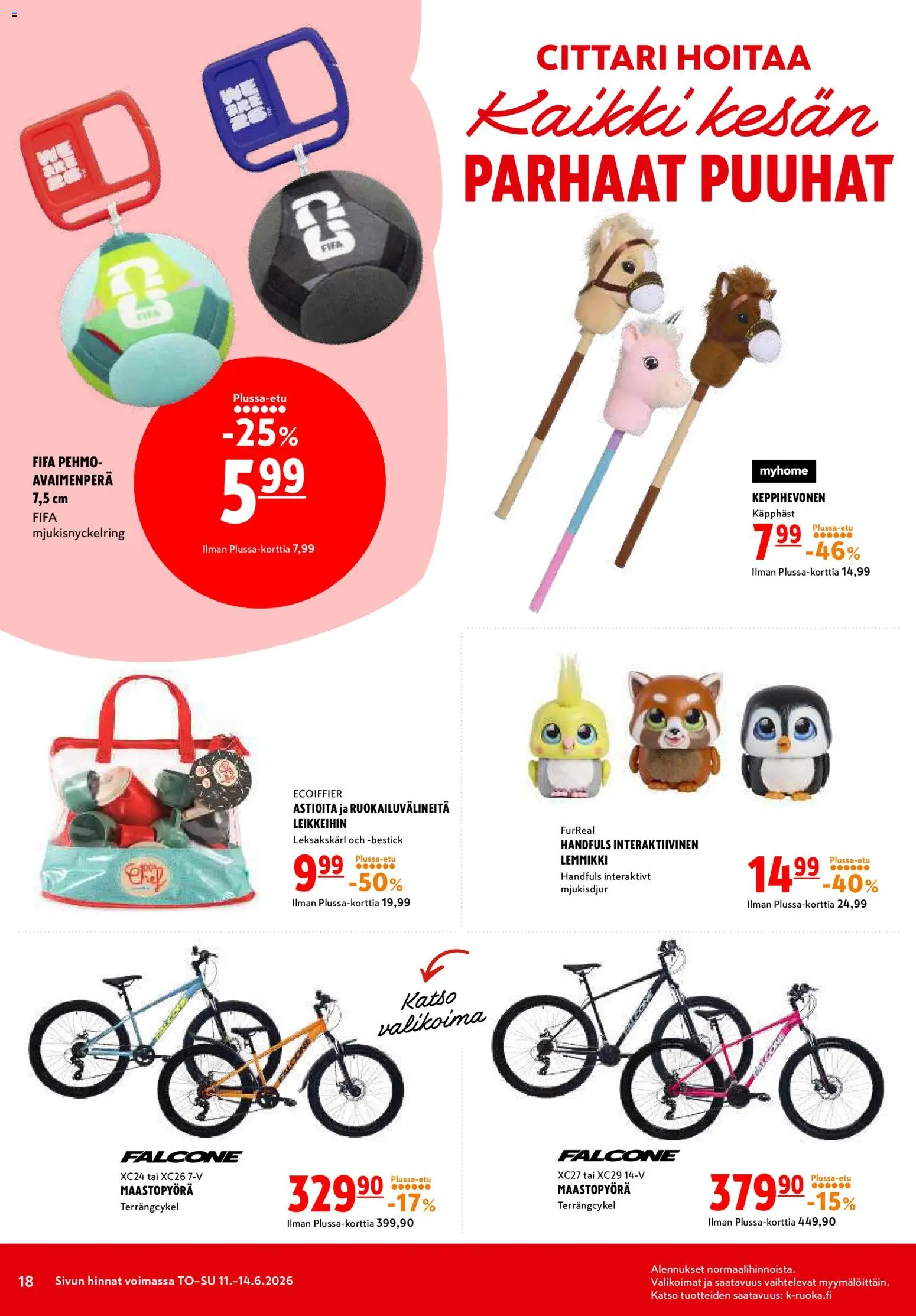 K-Citymarket tarjoukset – voimassa 11.06.2026 alkaen | Sivu: 18 | Tuotteet: Maastopyörä, Avaimenperä, Keppihevonen