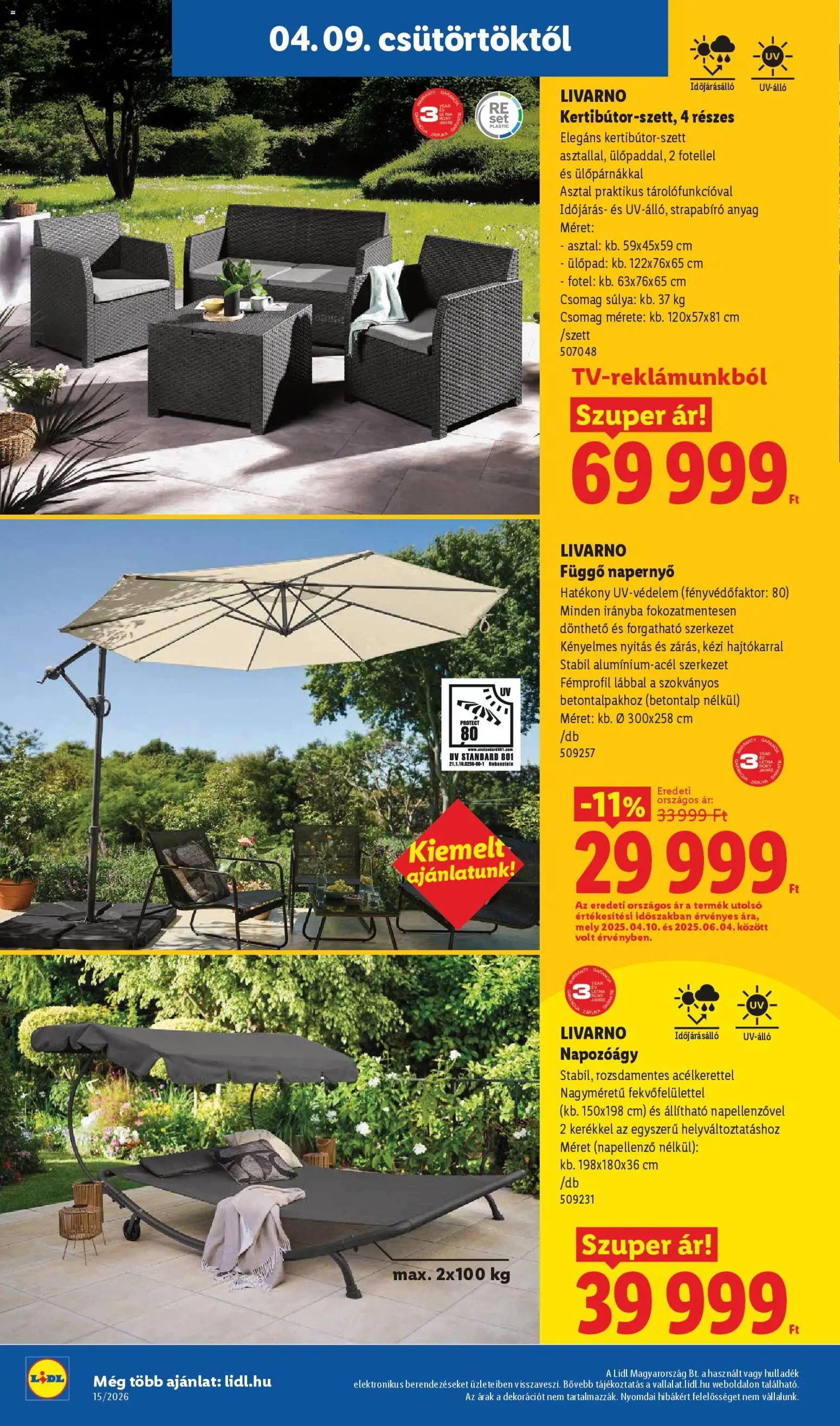 Lidl akciós ujság - amely érvényes a következő dátumtól: 09.04.2026 | Oldal: 8 | Termékek: Ülőpad, Fotel, Asztal, Napernyő