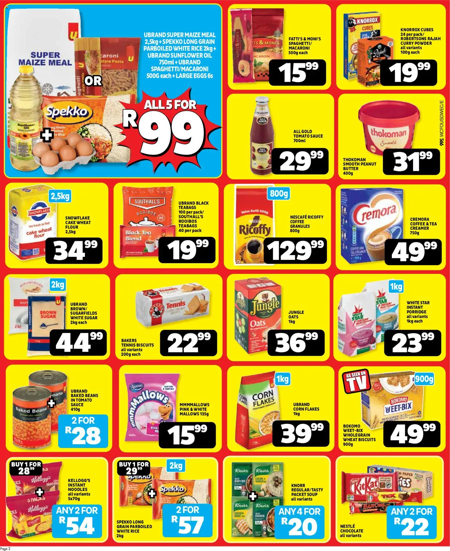 New Usave catalogue – valid from 20/07/2026 | Page: 2 | Products: Corn, Baked beans, Maize meal, Chocolate