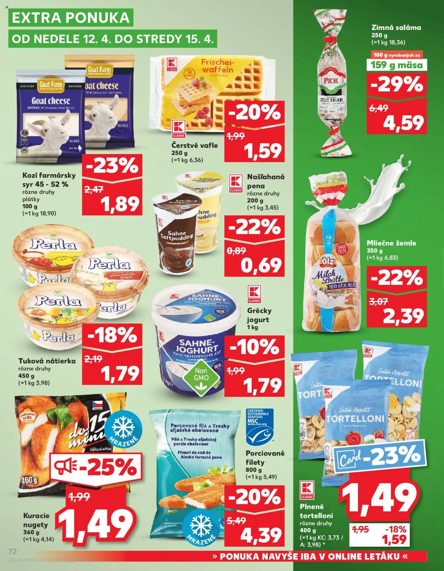 Nové Kaufland akcie – leták je platný od 09.04.2026 | Strana: 72 | Produkty: Saláma, Mila, Vafle, Pena