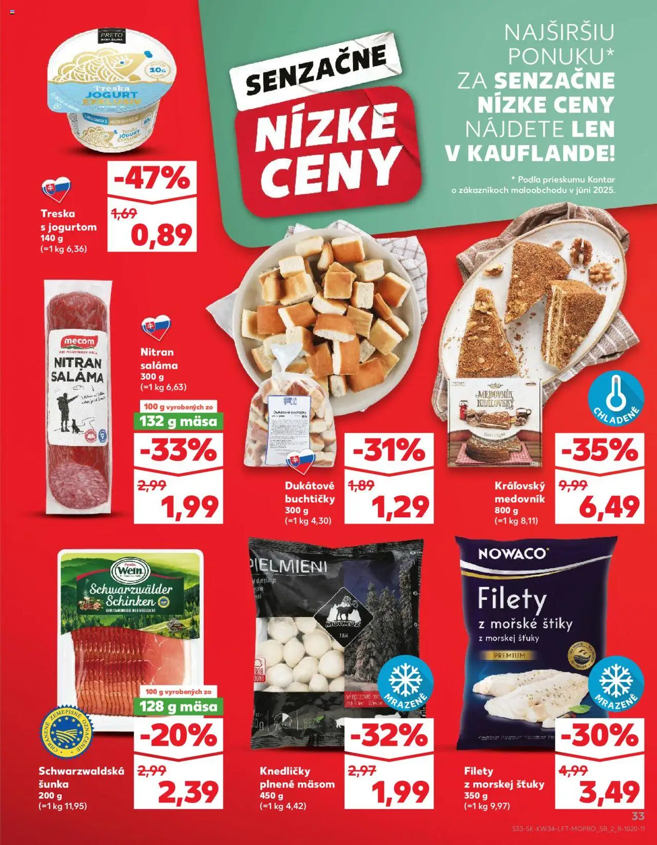 Nové Kaufland akcie – leták je platný od 21.08.2025 | Strana: 33 | Produkty: Jogurt, Šunka, Medovník, Treska