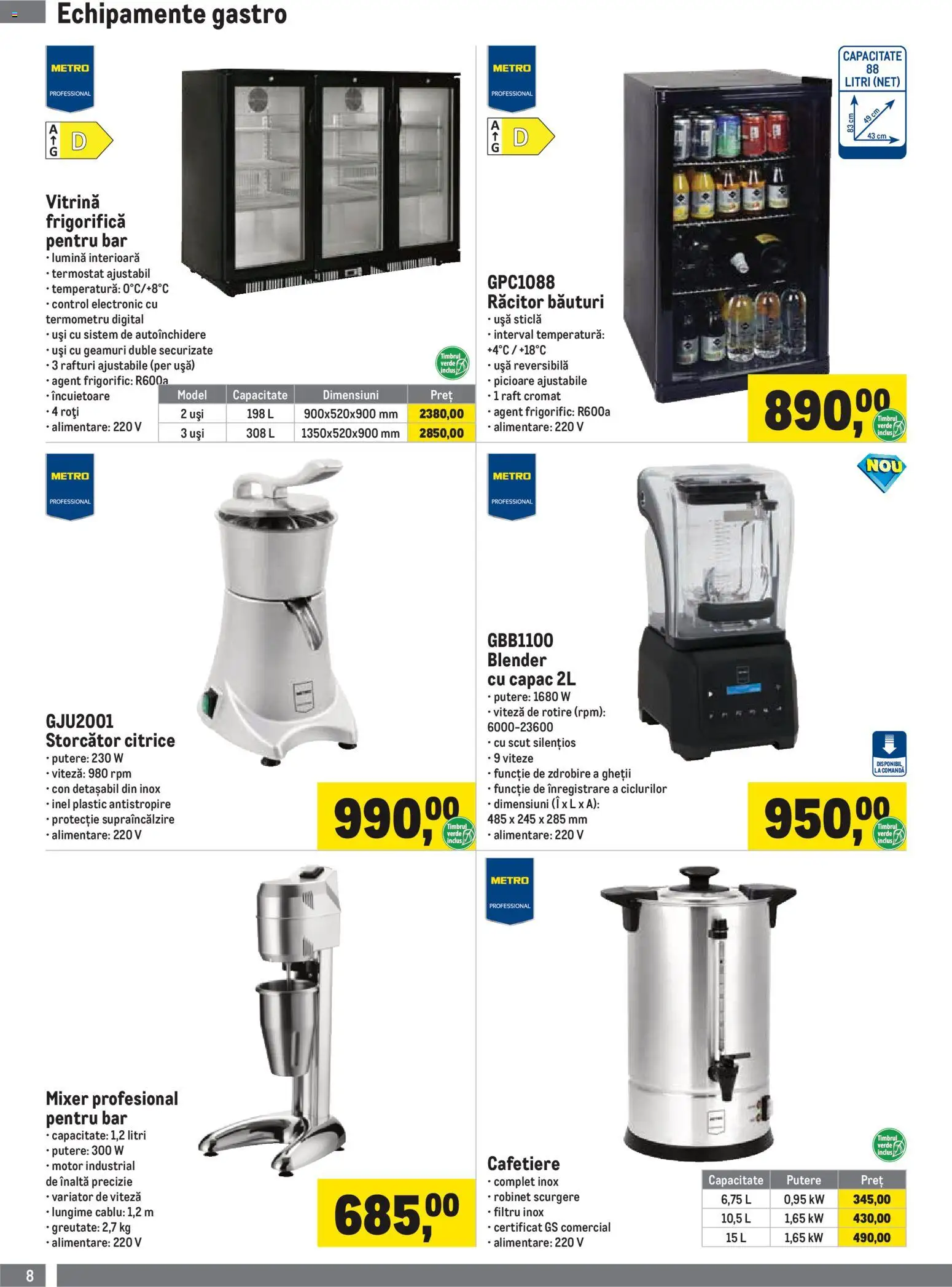 Noul catalog Metro – valabil de la 01.07.2026 | Pagină: 8 | Produse: Tavuk suyu, Blender, Storcător, Vitrină
