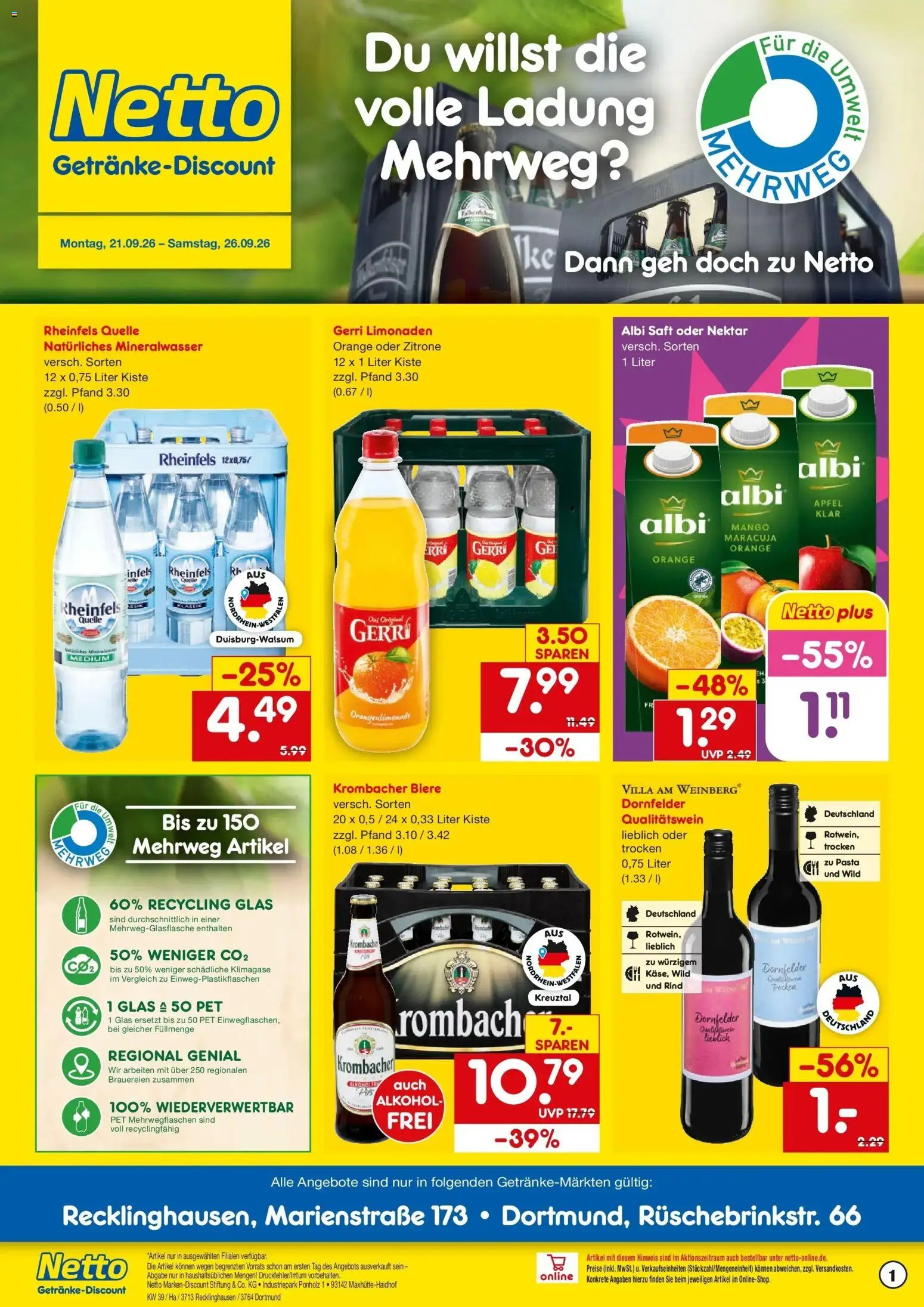 Netto Marken-Discount Prospekt Recklinghausen – gültig ab 21.09.2026 | Seite: 1 | Produkte: Alkohol, Zitrone, Pasta, Rheinfels quelle