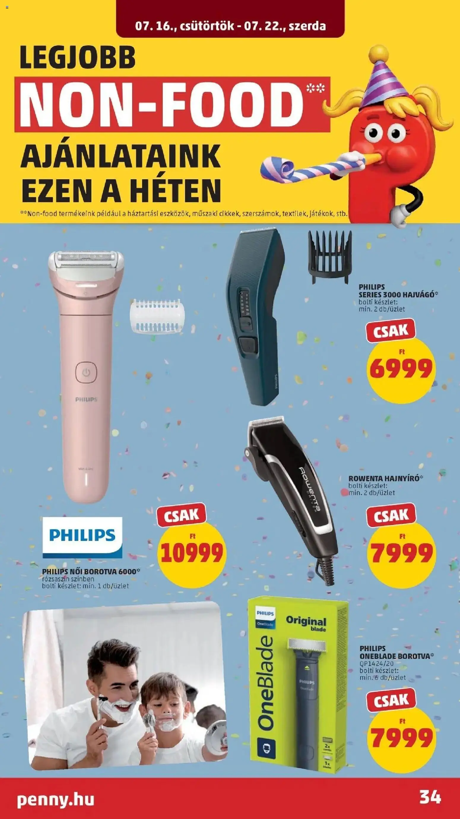 PENNY akciós ujság - amely érvényes a következő dátumtól: 2026.07.16. | Oldal: 34 | Termékek: Borotva, Philips, Trimmer, Női borotva