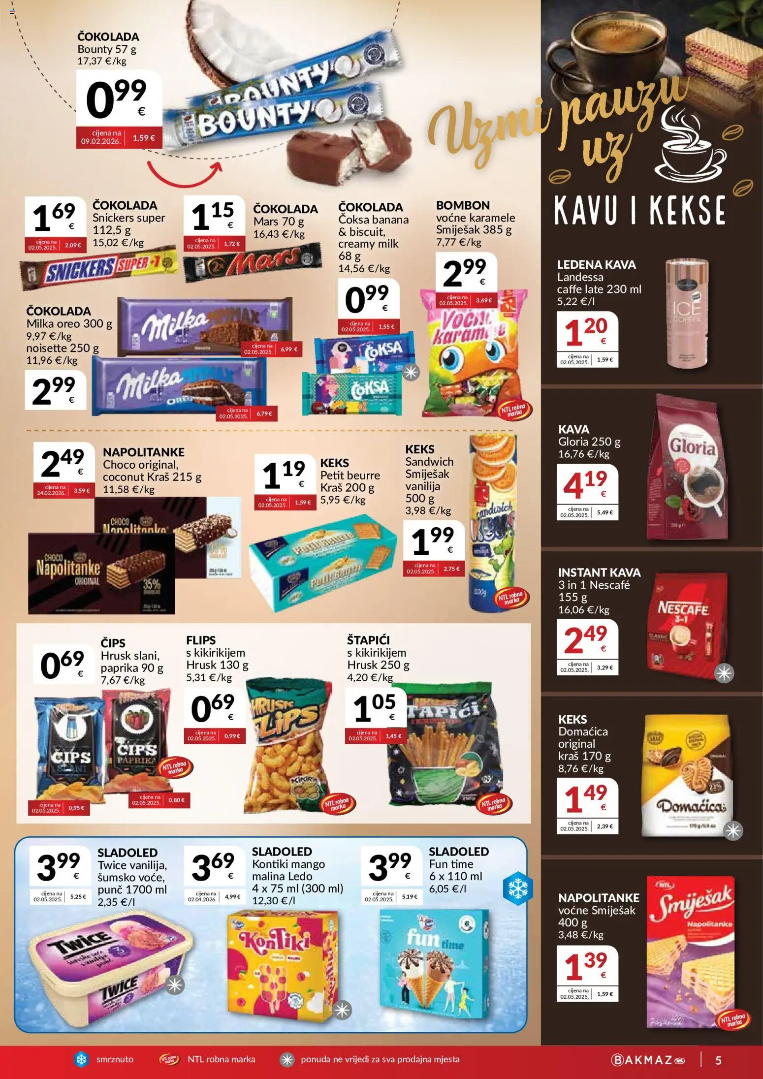 Bakmaz katalog | vrijedi od 03.06.2026 | Stranica: 5 | Proizvodi: Čokolada, Čips, Ledena kava, Štapići