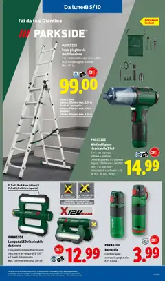Anteprima del volantino PARKSIDE, Scala pieghevole multifunzione, 3 in 1: Utilizzabile come scala a libro, scala da appoggio o scaletto, Max. 150 kg valido a partire dal 01/10/2026 | Pagina: 35 | Prodotti: Boccaglio, Borraccia, Tavolo, Batteria