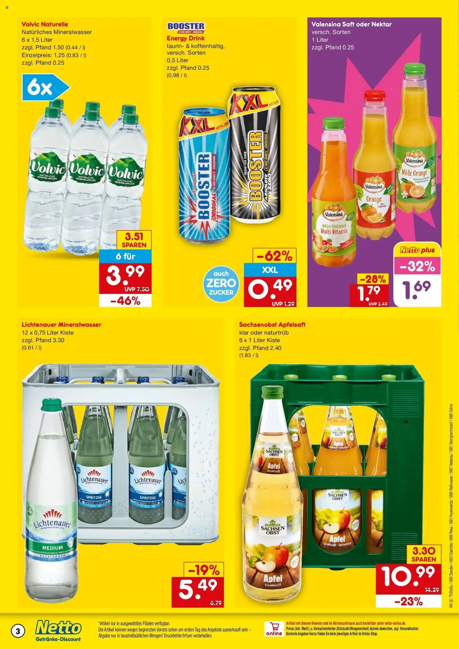 Netto Marken-Discount Prospekt Riesa – gültig ab 03.08.2026 | Seite: 3 | Produkte: Energy, Apfelsaft, Mineralwasser, Obst