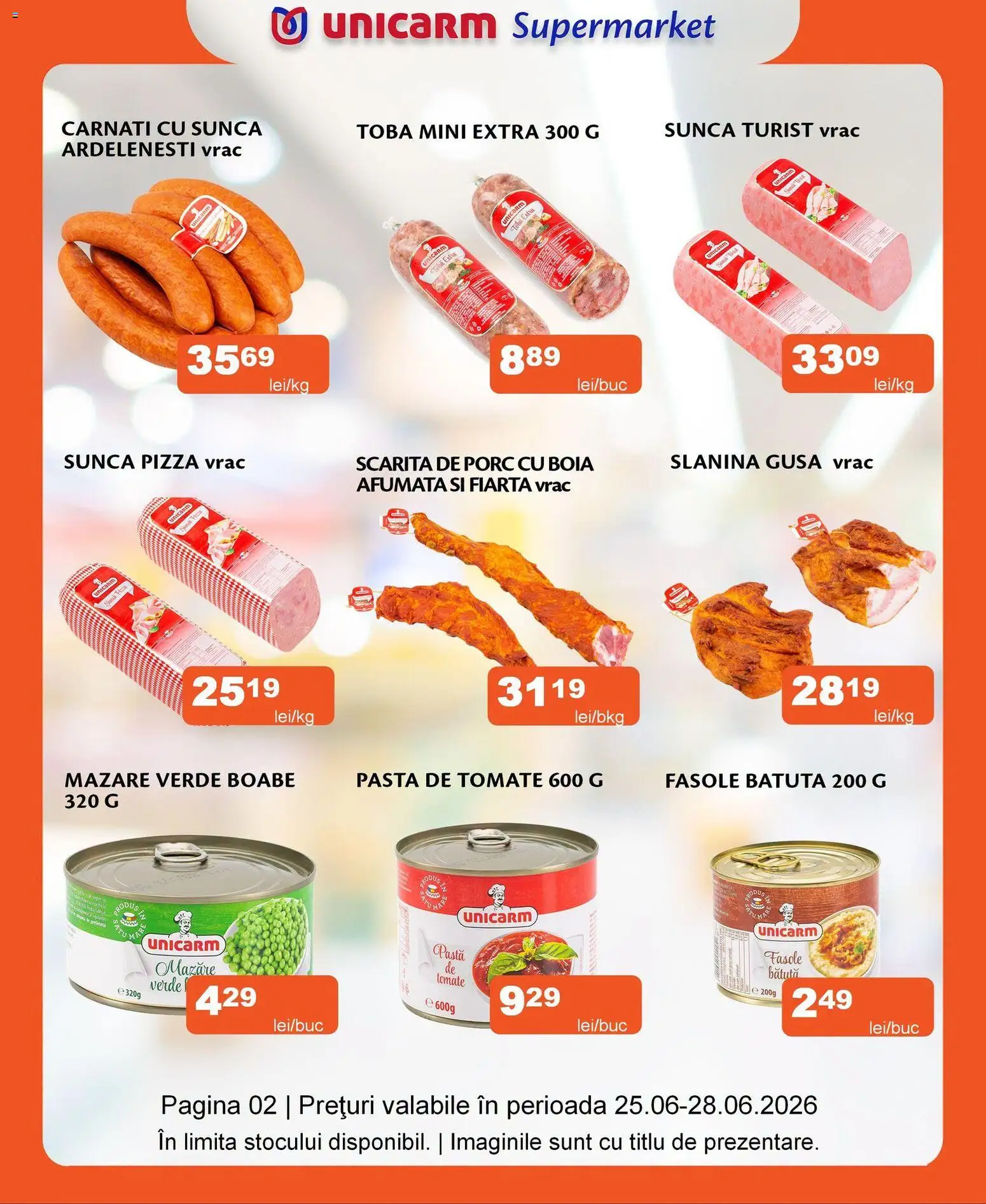 Noul catalog Unicarm – valabil de la 25.06.2026 | Pagină: 2 | Produse: Mazăre, Pastă de tomate, Pizza, Cârnați