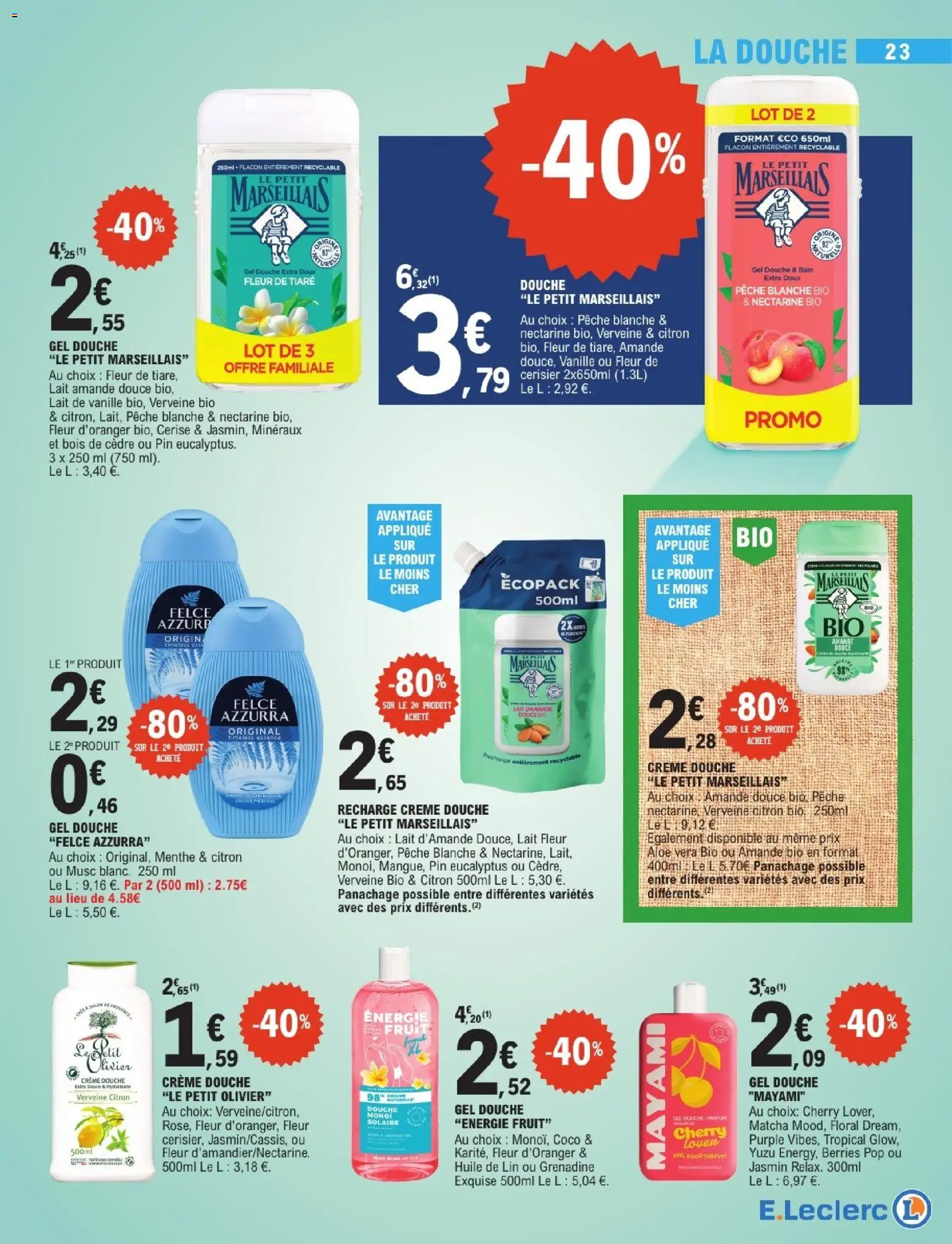 {H1} | Page: 23 | Produits: Huile de lin, Menthe, Lait d'amande, Douche