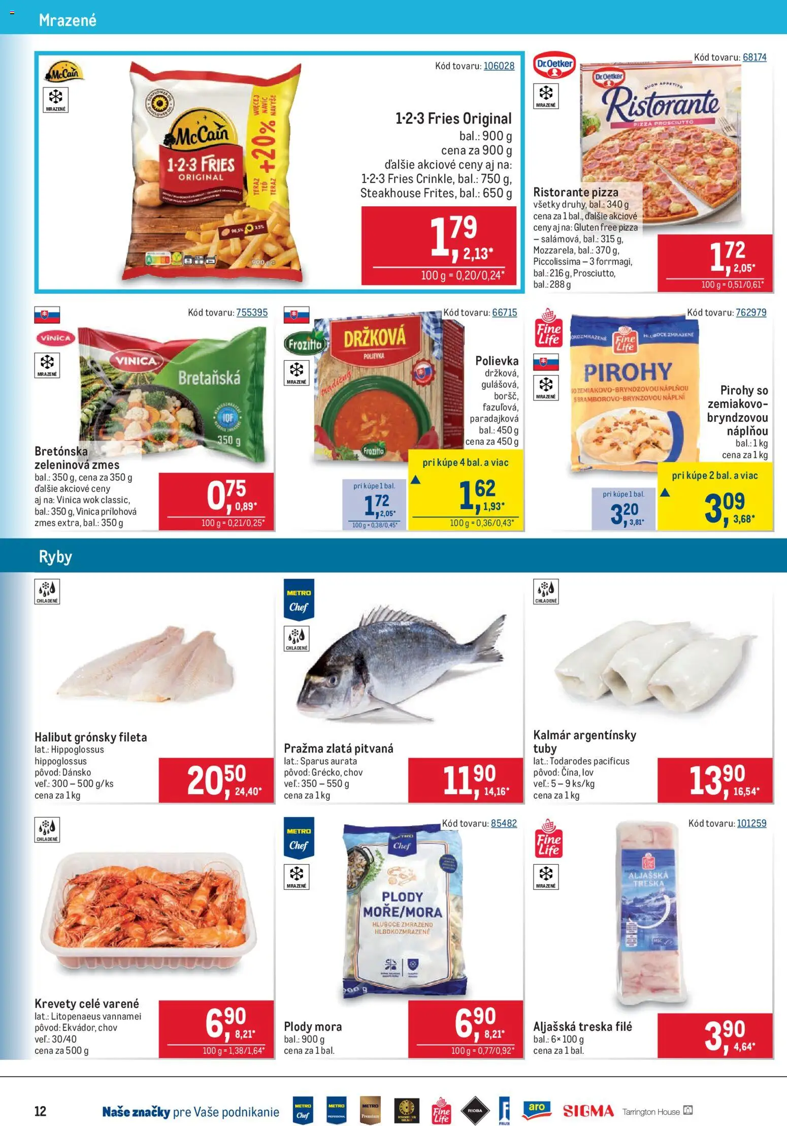 Nové Metro akcie – leták je platný od 29.07.2026 | Strana: 12 | Produkty: Pirohy, Krevety, Pizza, Ryby