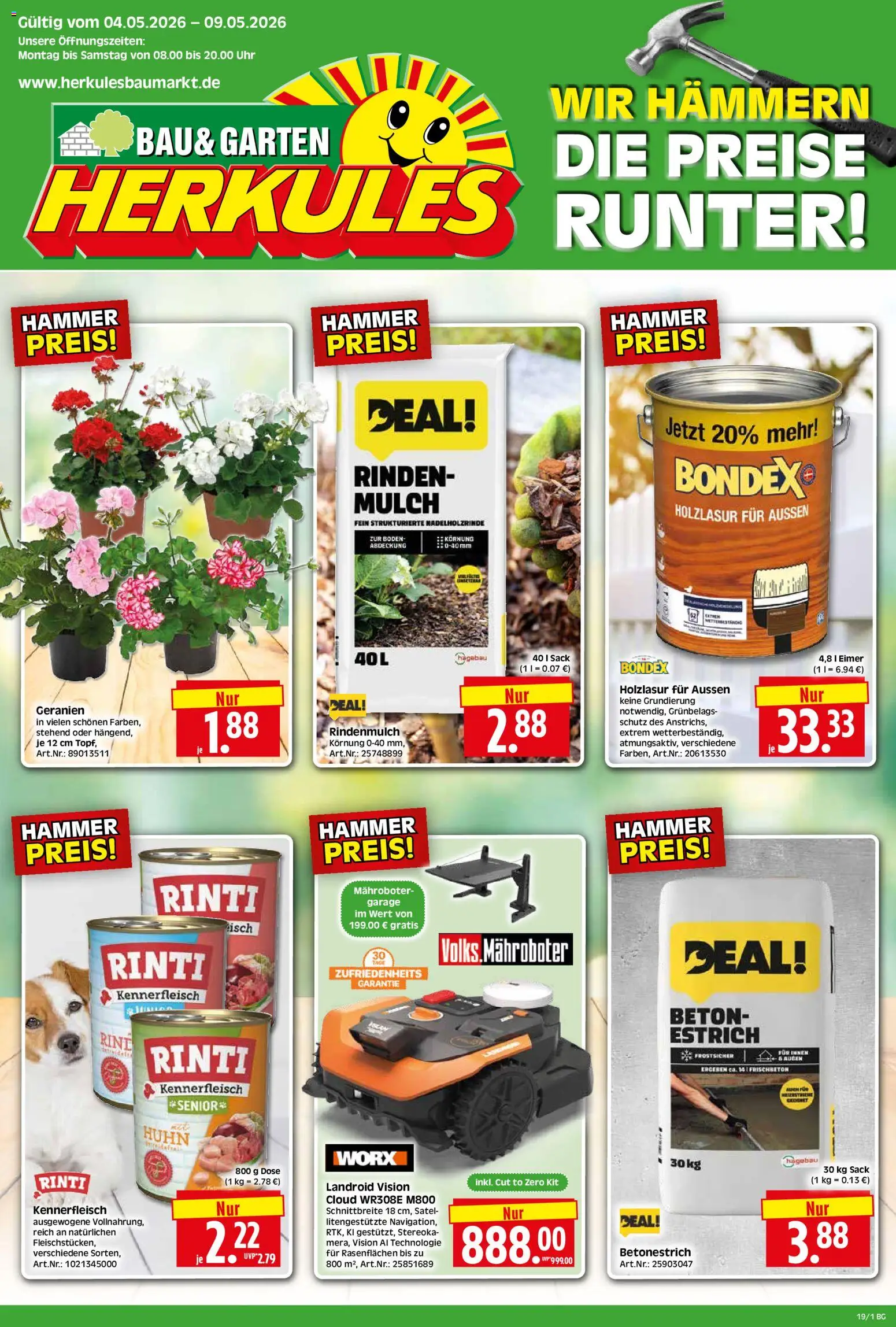 HERKULES Bau & Garten – gültig ab 04.05.2026 | Seite: 1 | Produkte: Rindenmulch, Geranien, Fisch, Uhr