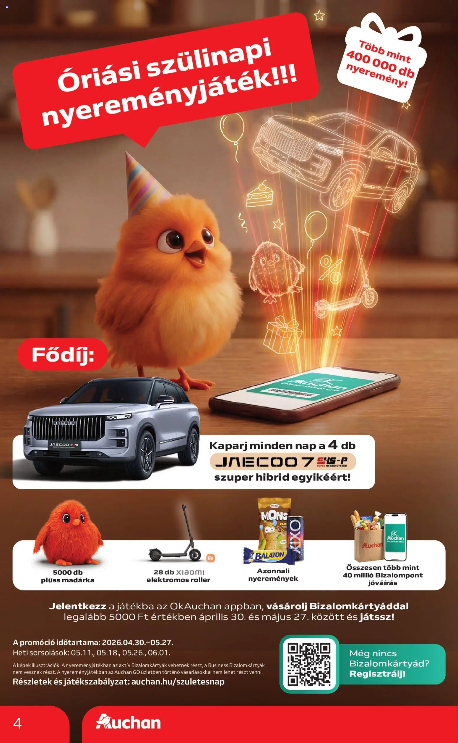 Auchan akciós ujság - amely érvényes a következő dátumtól: 21.05.2026 | Oldal: 4 | Termékek: Roller, Elektromos roller, Plüss, Xiaomi