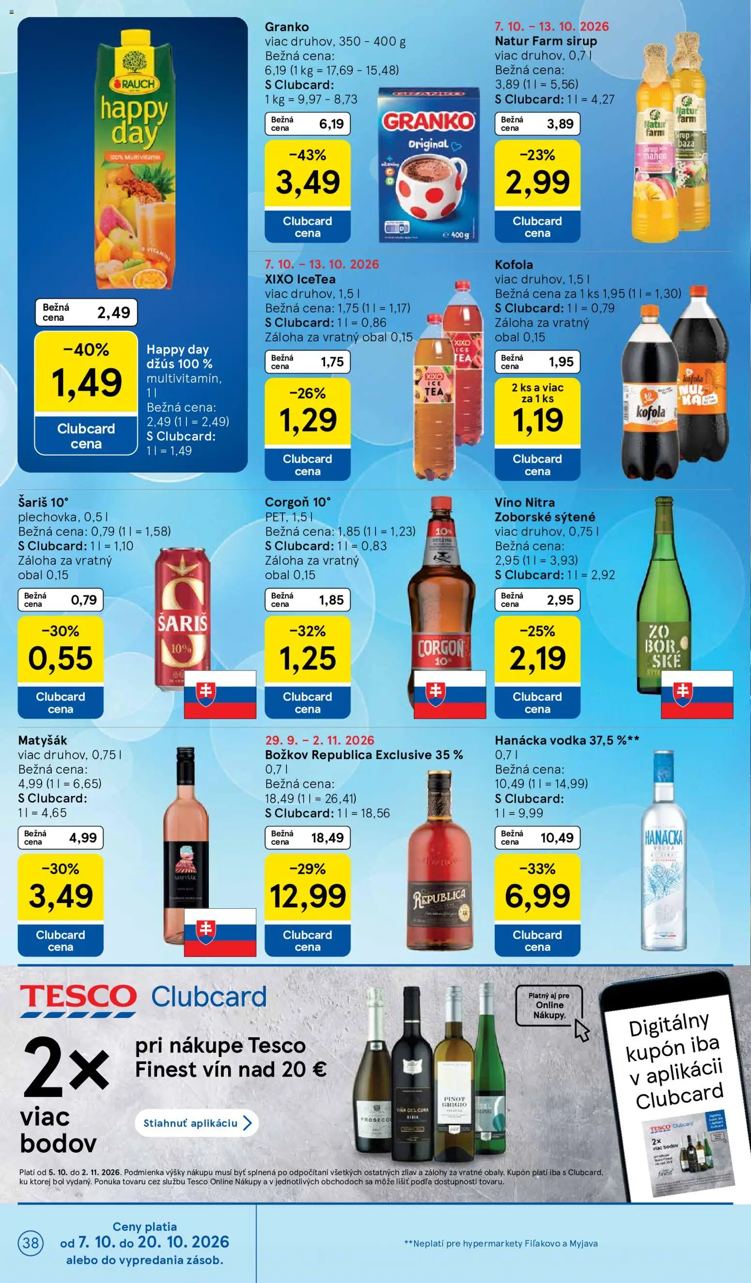 Nové Tesco akcie – leták je platný od 07.10.2026 | Strana: 38 | Produkty: Džús, Víno, Republica, Corgoň