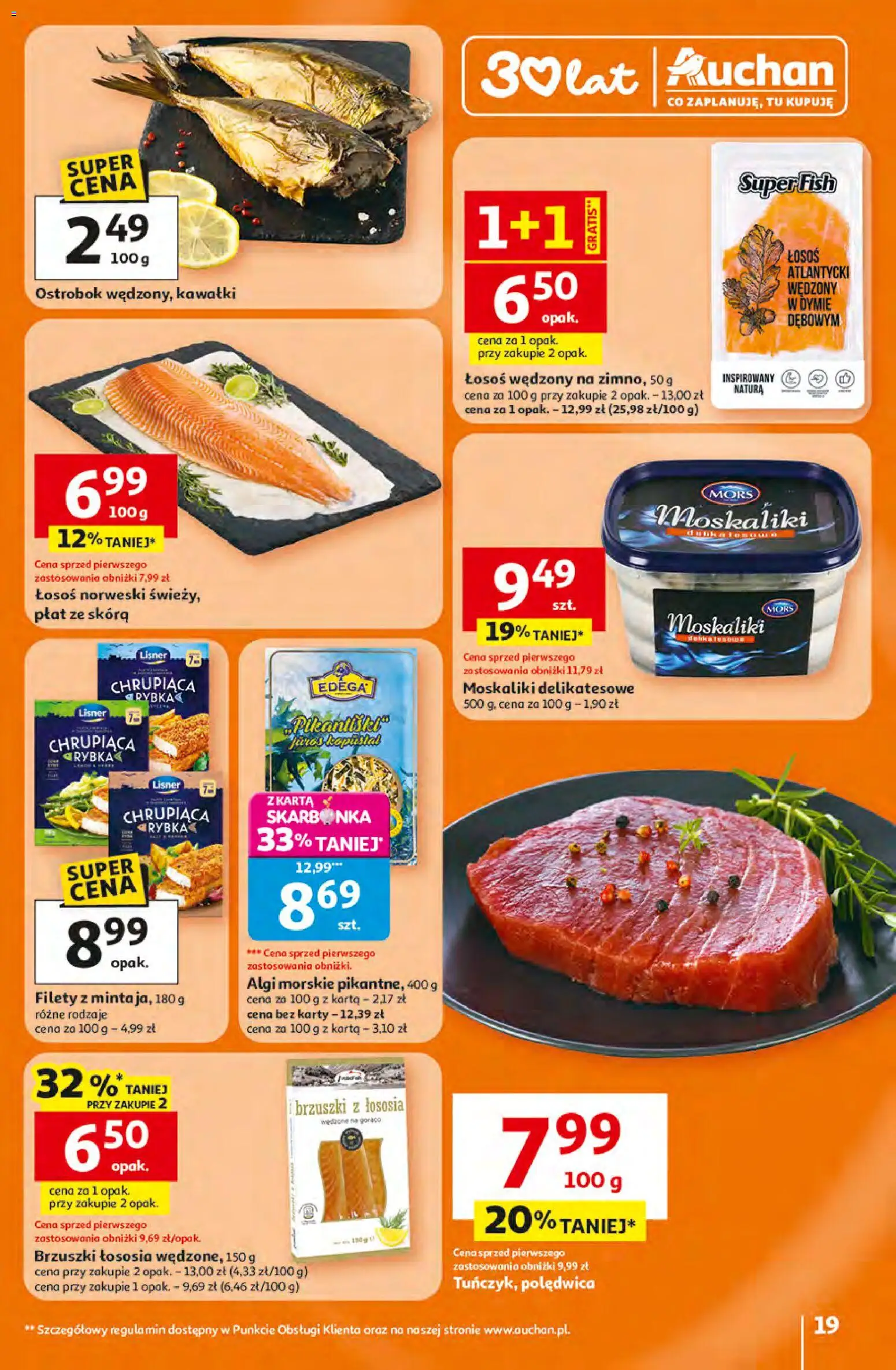 Auchan gazetka - 30 Lat Hipermarket od 16.04.2026 | Strona: 19 | Produkty: Karta, Łosoś wędzony, Łosoś, Łosoś norweski