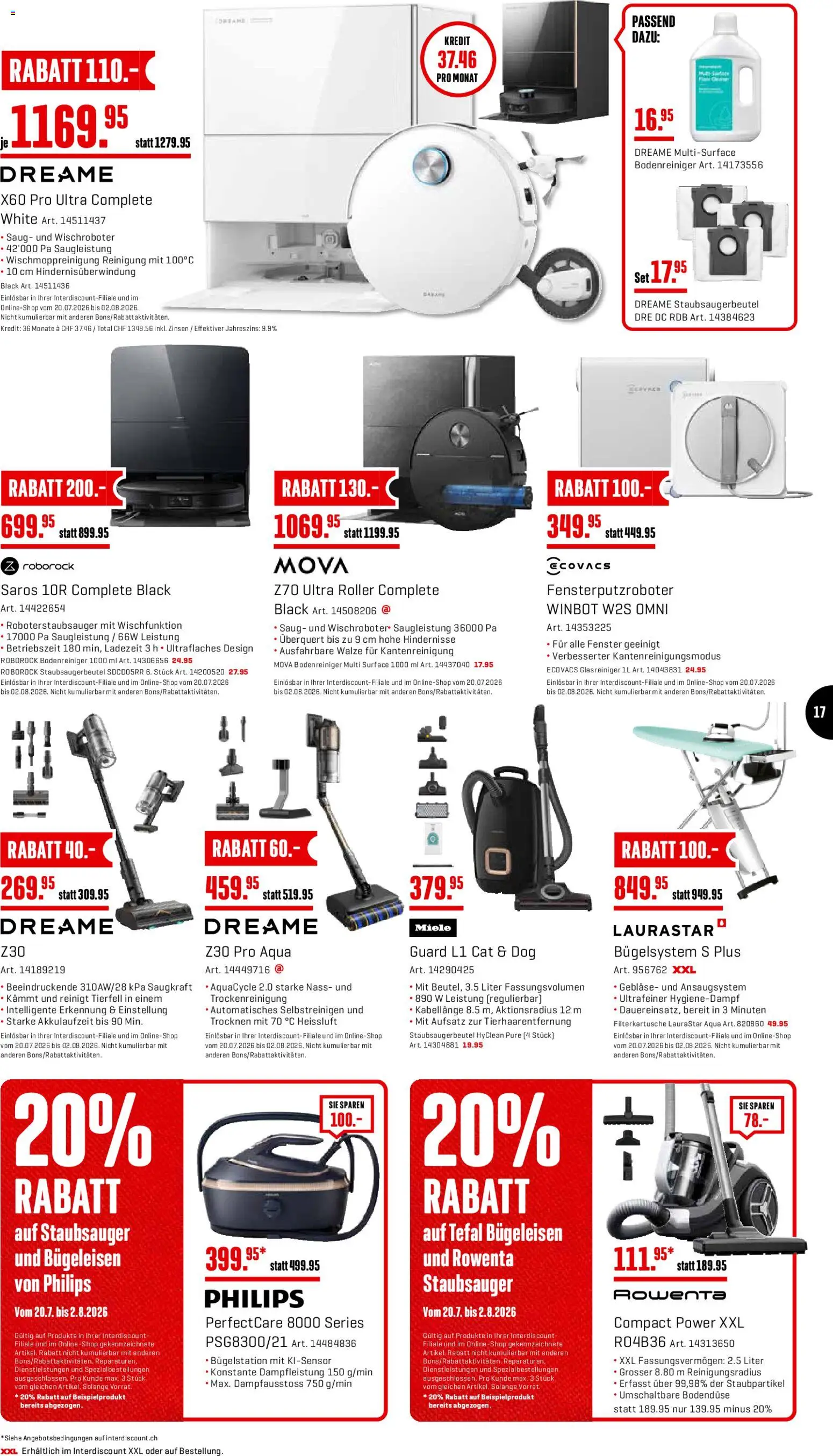 Interdiscount aktionen – gültig ab 20.07.2026 | Seite: 17 | Produkte: Bügeleisen, Staubsauger, Miele, Philips