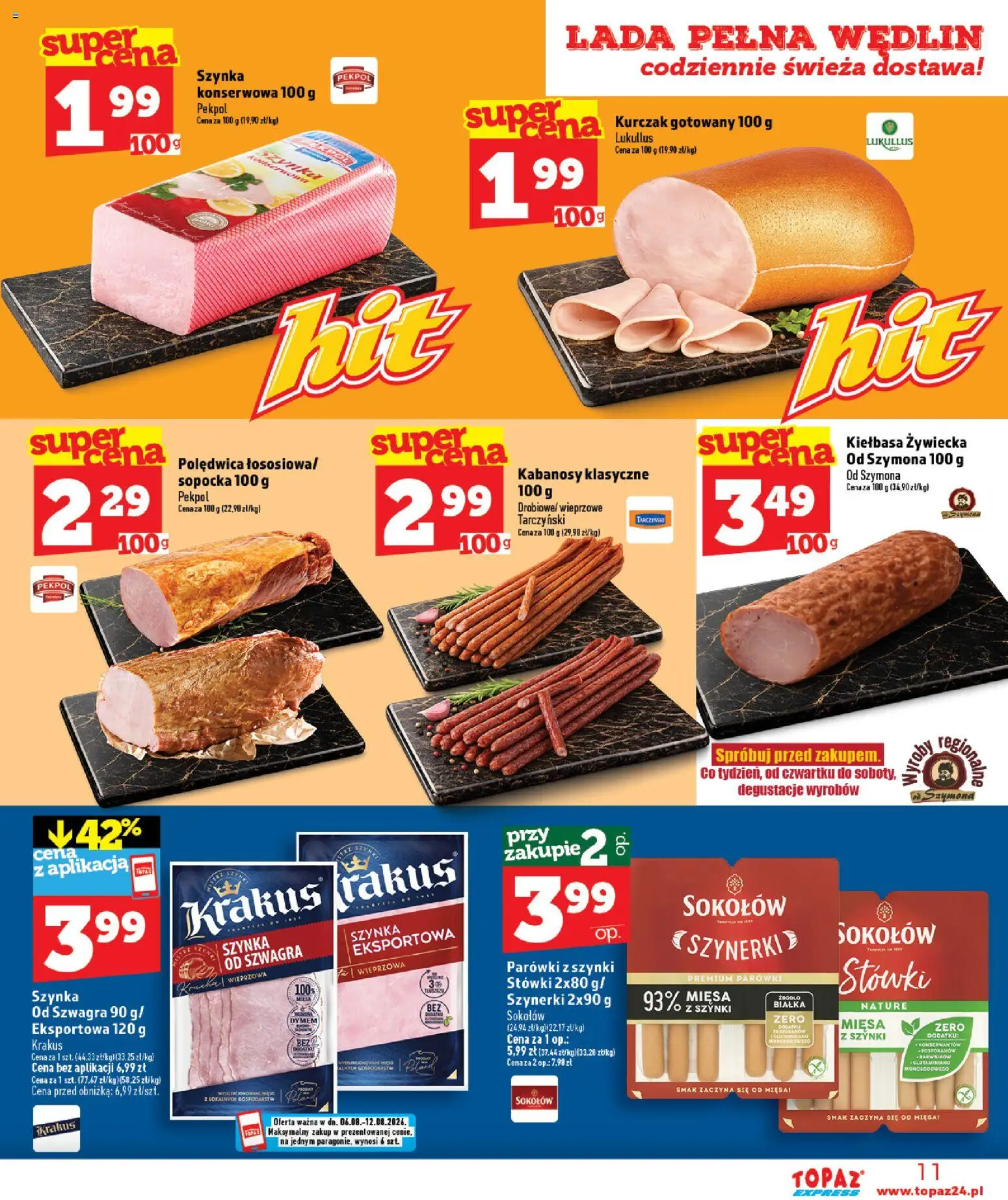 Topaz gazetka - Express od 06.08.2026 | Strona: 11 | Produkty: Kiełbasa, Kurczak, Kabanosy, Szynka