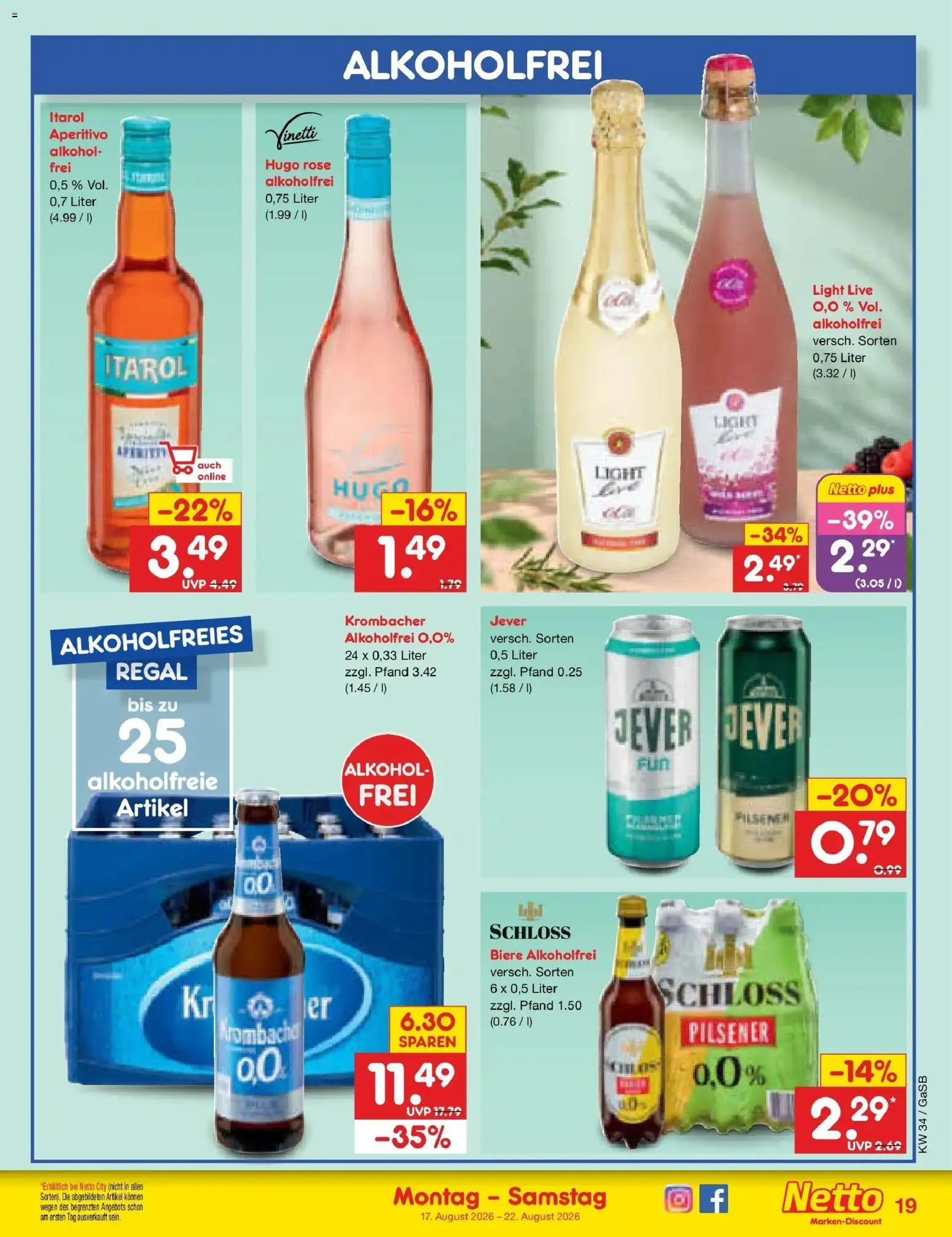 Netto Marken-Discount Prospekt Bremen-Lesum – gültig ab 17.08.2026 | Seite: 25 | Produkte: Regal, Alkohol, Krombacher, Hugo