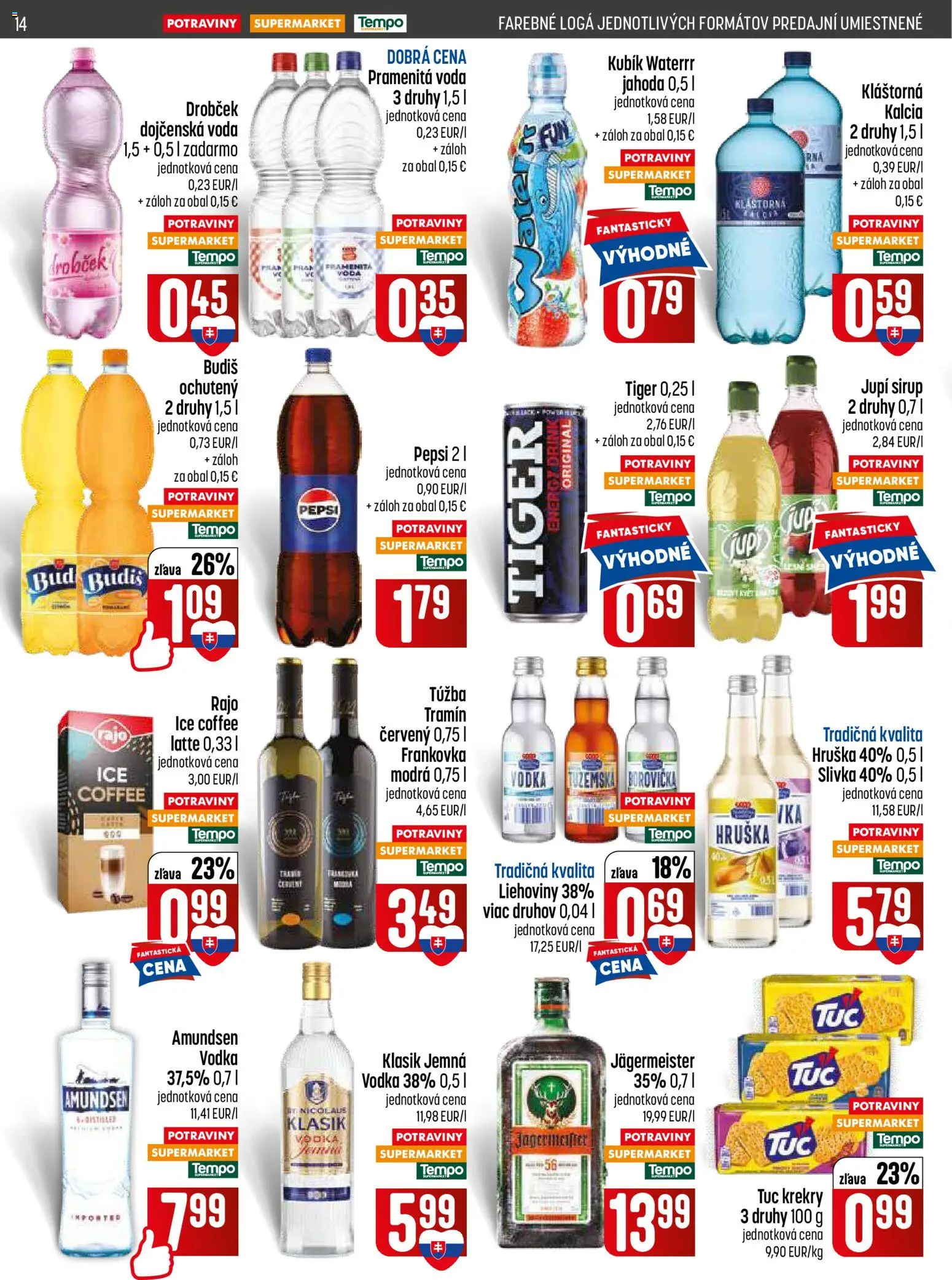 Nové COOP Jednota akcie – leták je platný od 11.06.2026 | Strana: 14 | Produkty: Jägermeister, Budiš, Voda, Pepsi