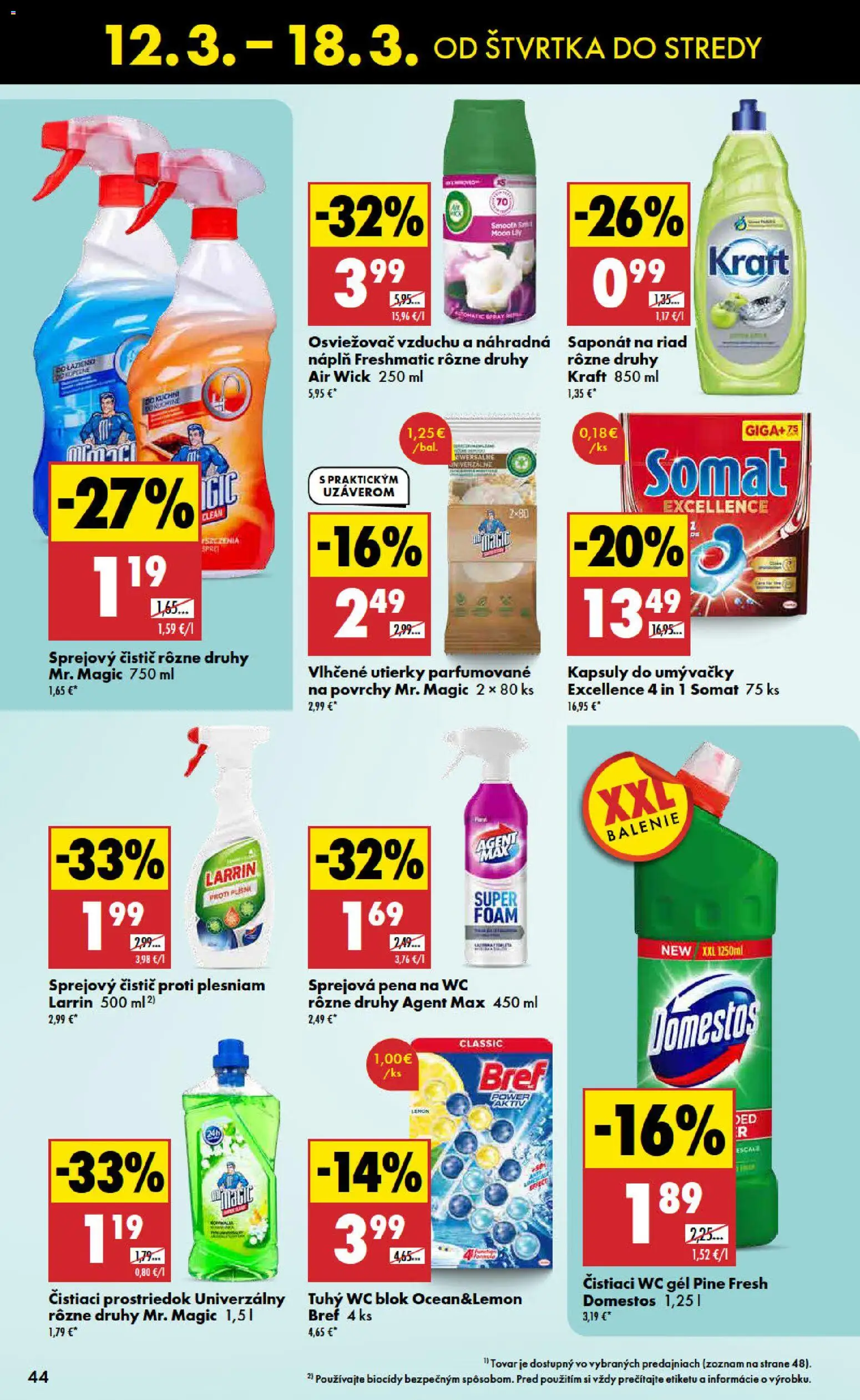 Nové Biedronka akcie – leták je platný od 12.03.2026 | Strana: 44 | Produkty: Osviežovač vzduchu, Čistiaci prostriedok, Wc blok, Domestos