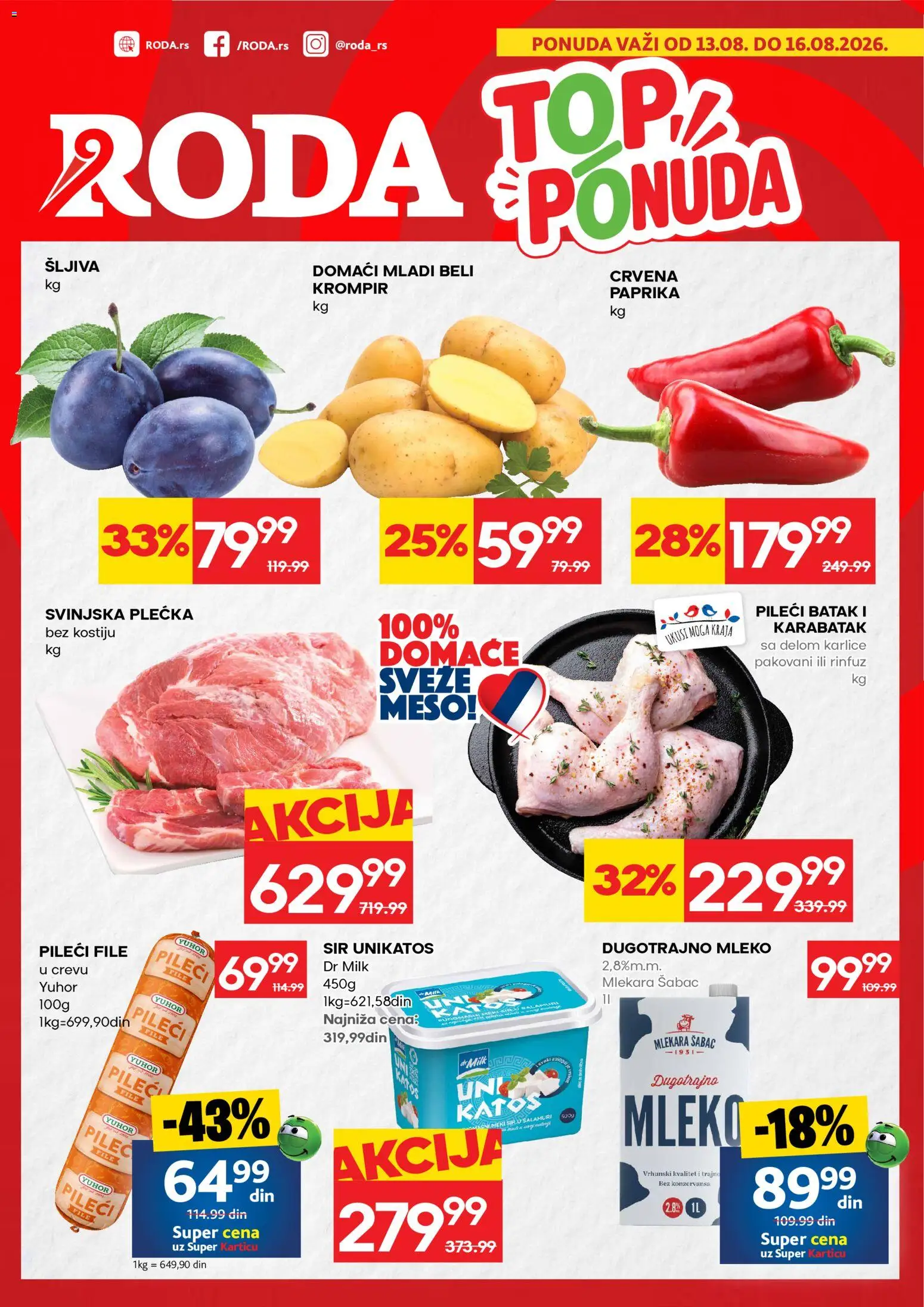 Roda katalog - važi od 13.08.2026 | Strana: 1 | Proizvode: Pileći file, Dugotrajno mleko, Meso, Šljiva