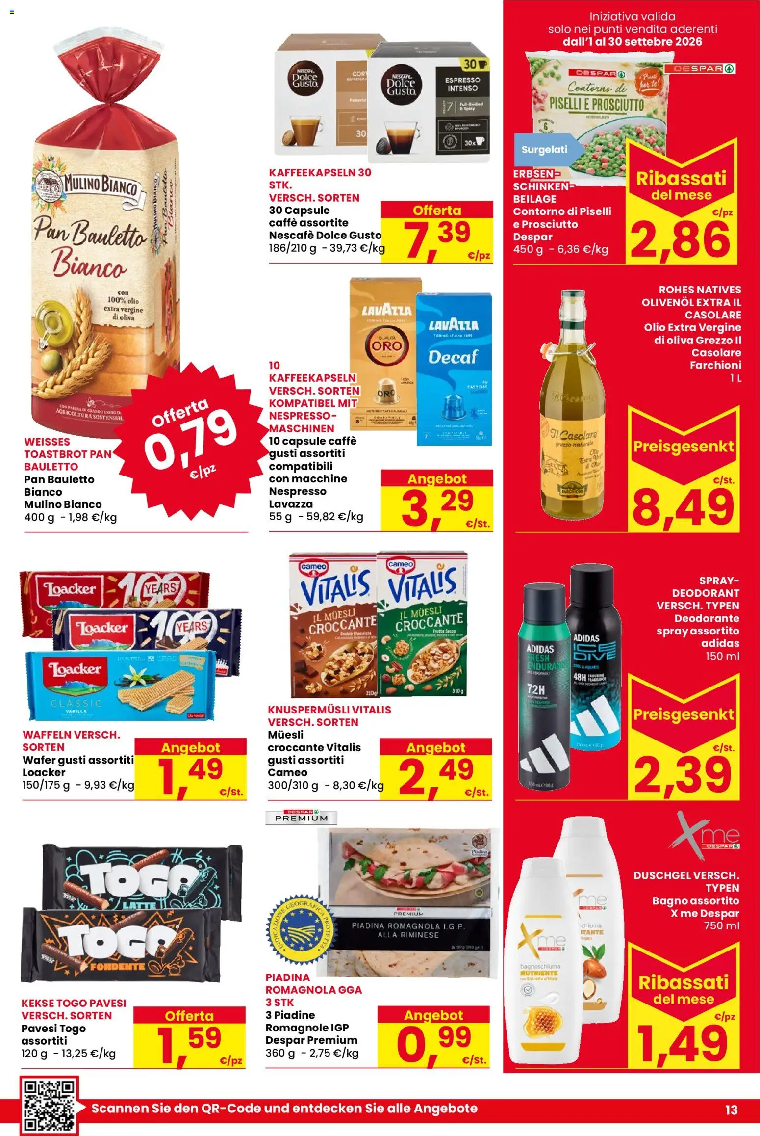 Volantino Despar del 03/09/2026 | Pagina: 13 | Prodotti: Muesli, Bagnoschiuma, Piselli, Olio extra vergine