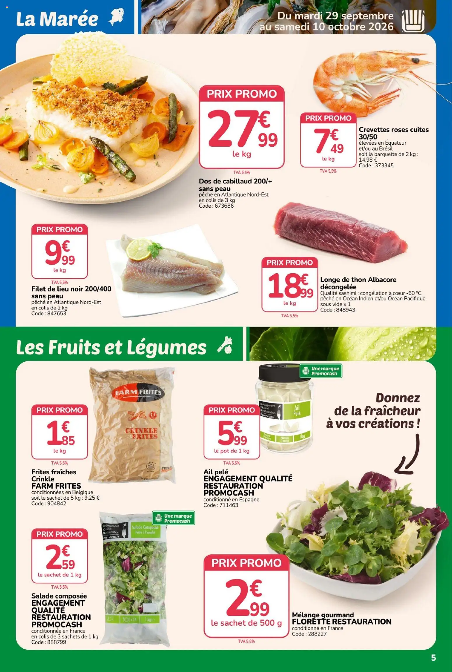 {H1} | Page: 5 | Produits: Salade, Pêche, Fruits, Les fruits et légumes