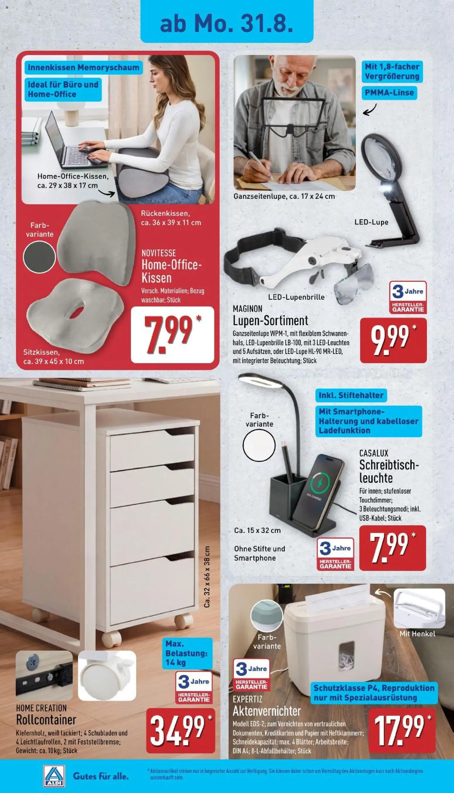 Aldi Prospekt – gültig ab 31.08.2026 | Seite: 16 | Produkte: Aktenvernichter, Gewicht, Kissen, Rollcontainer