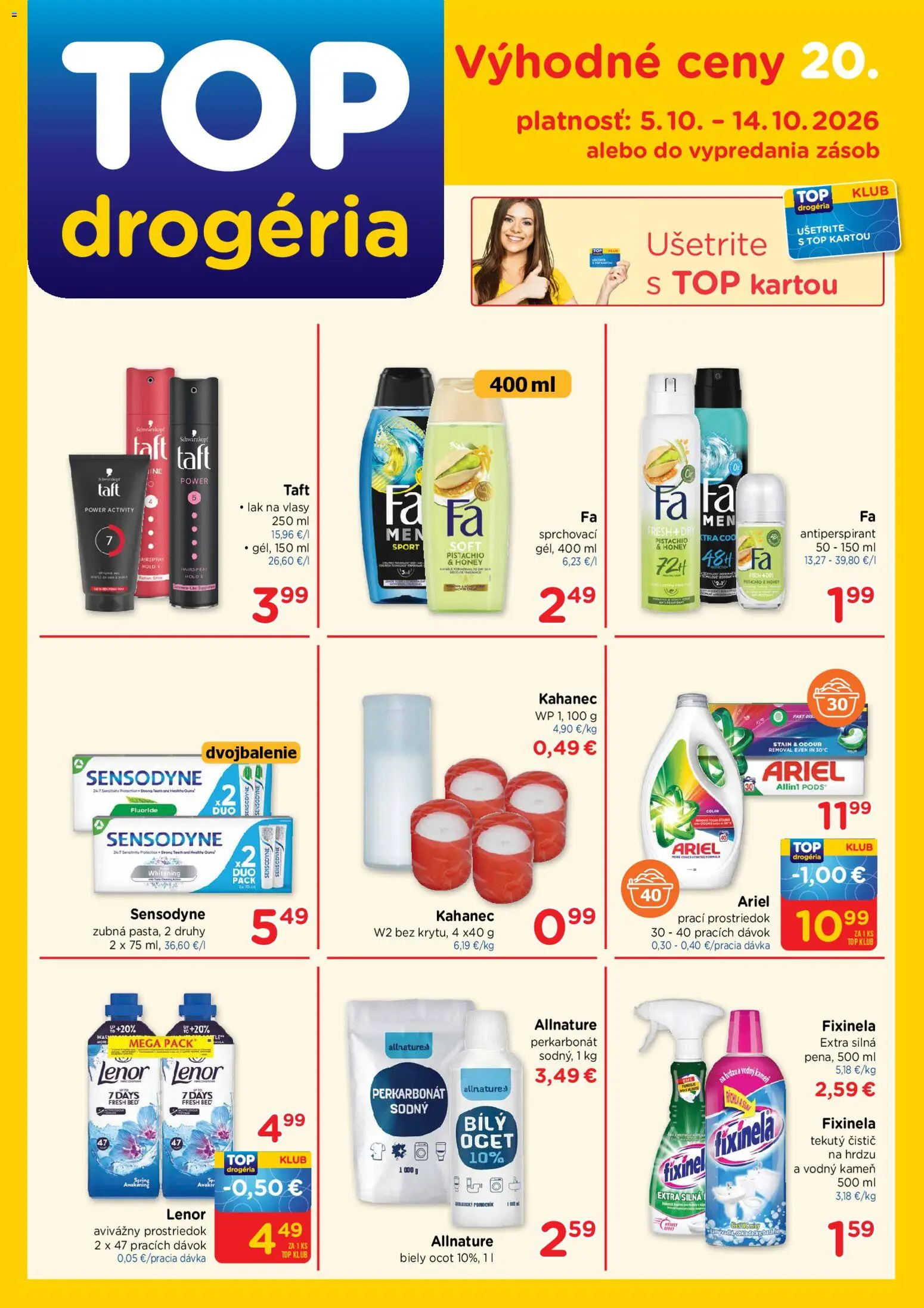 Nové TOP Drogéria akcie – leták je platný od 05.10.2026 | Strana: 1 | Produkty: Antiperspirant, Ariel, Ocot, Lenor