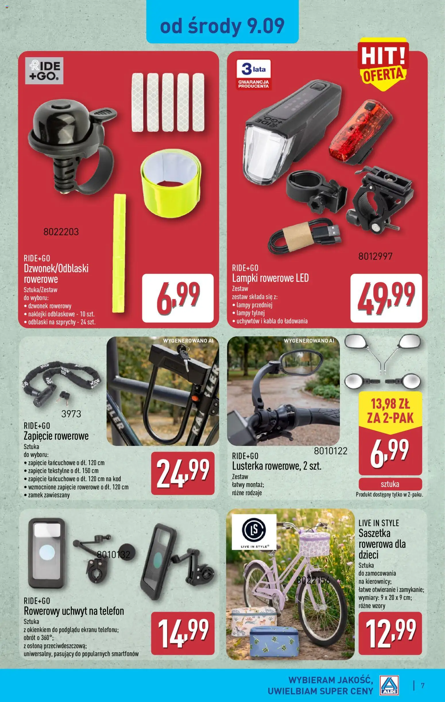 Aldi gazetka - Hity od Środy i od Soboty od 09.09.2026 | Strona: 7 | Produkty: Telefon, Lampki, Saszetka rowerowa, Naklejki