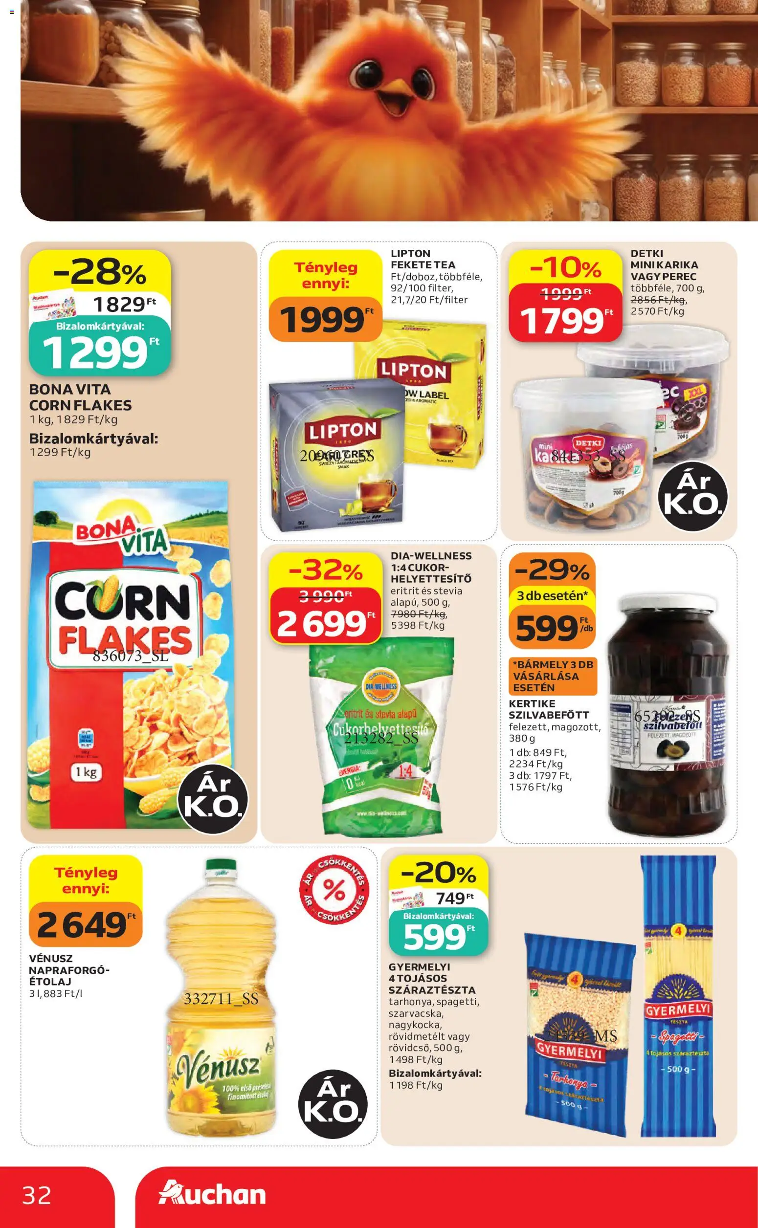 Auchan akciós ujság - amely érvényes a következő dátumtól: 2026.08.27. | Oldal: 32 | Termékek: Napraforgó, Spagetti, Tea, Detki
