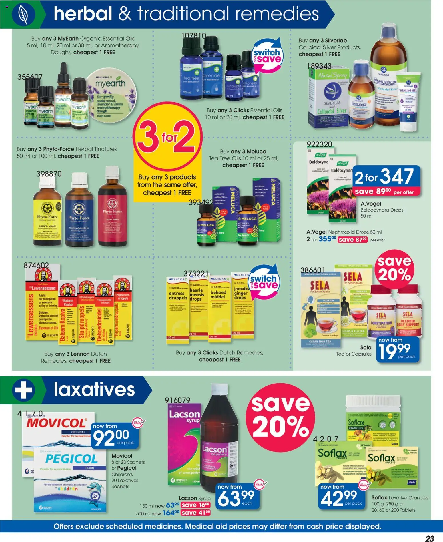 New Clicks catalogue – valid from 23.04.2026 | Page: 23 | Products: Powder, Tea, Touca de banho, Syrup